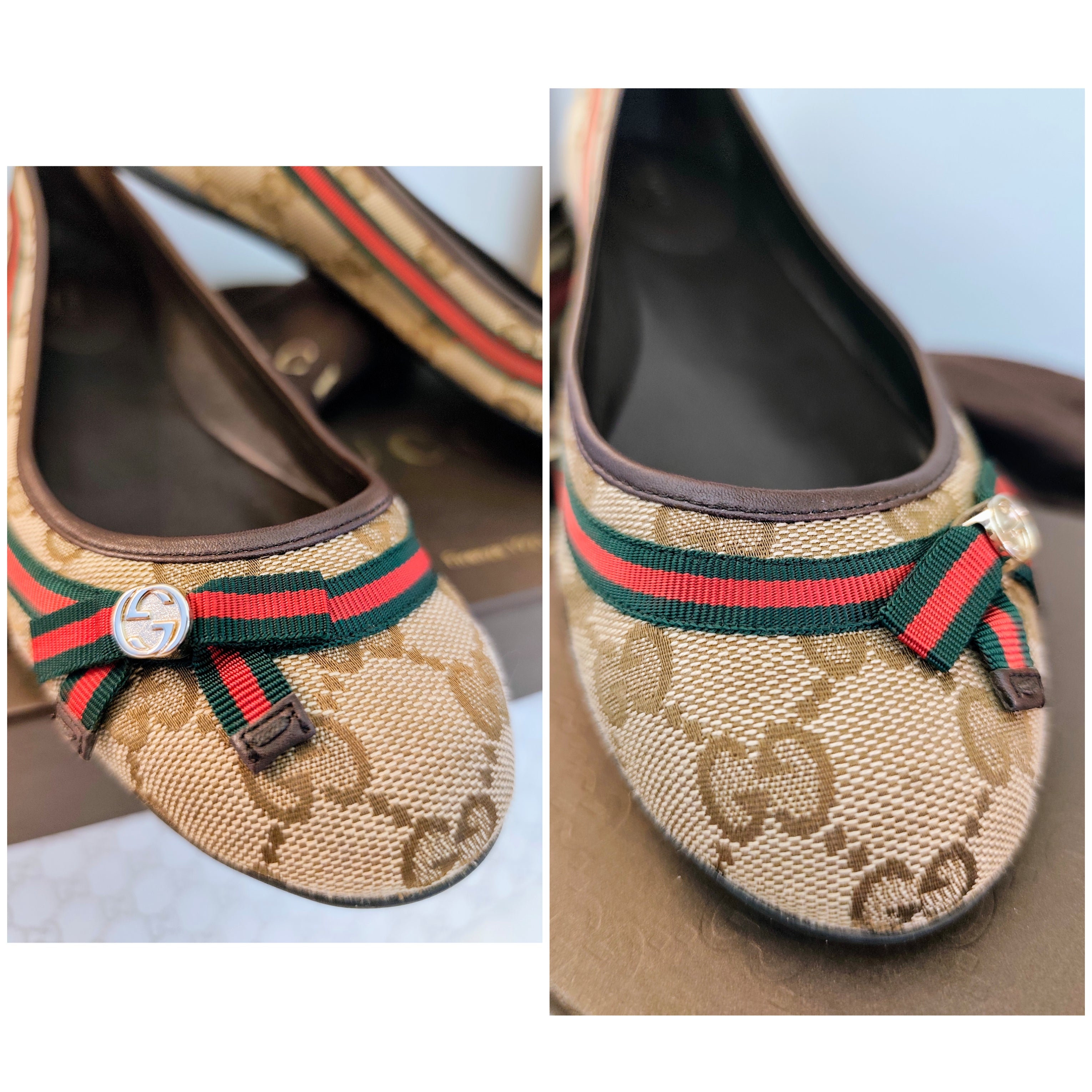Gucci – Ballerine Tessuto “GG” e Fascia Web con Fiocco e Charm