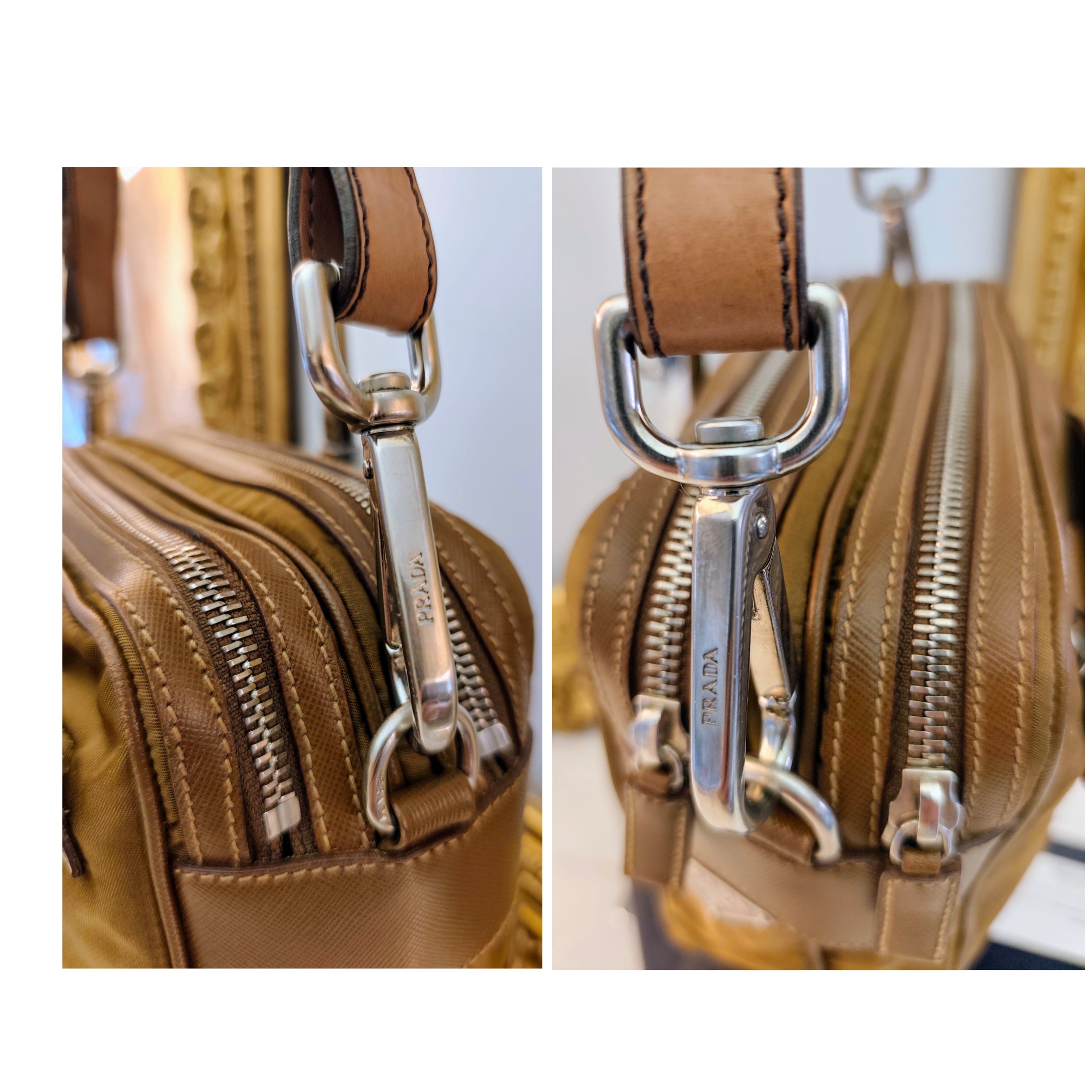 Prada - Borsetta a Spalla o Pochette in tessuto e pelle Cognac