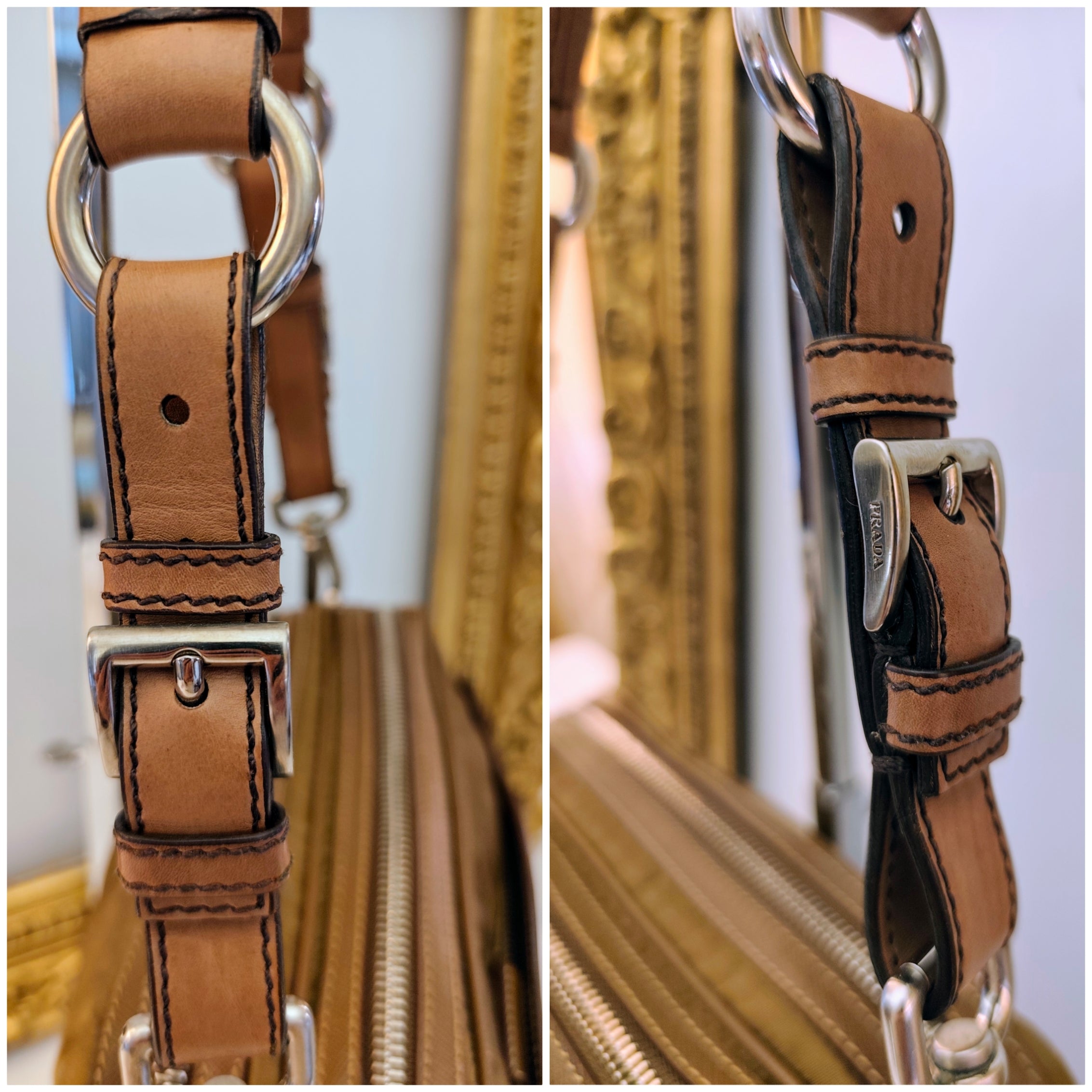Prada - Borsetta a Spalla o Pochette in tessuto e pelle Cognac