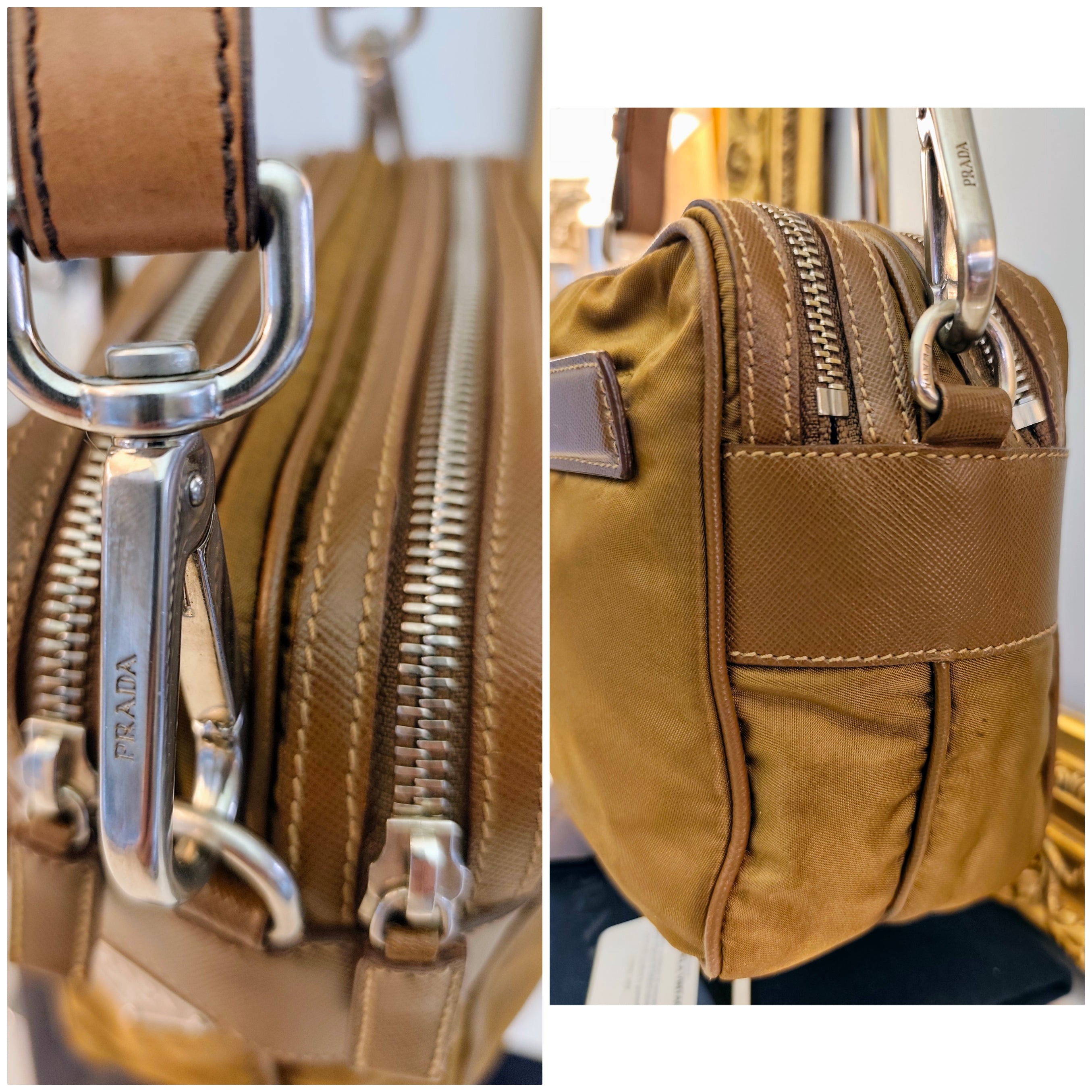 Prada - Borsetta a Spalla o Pochette in tessuto e pelle Cognac
