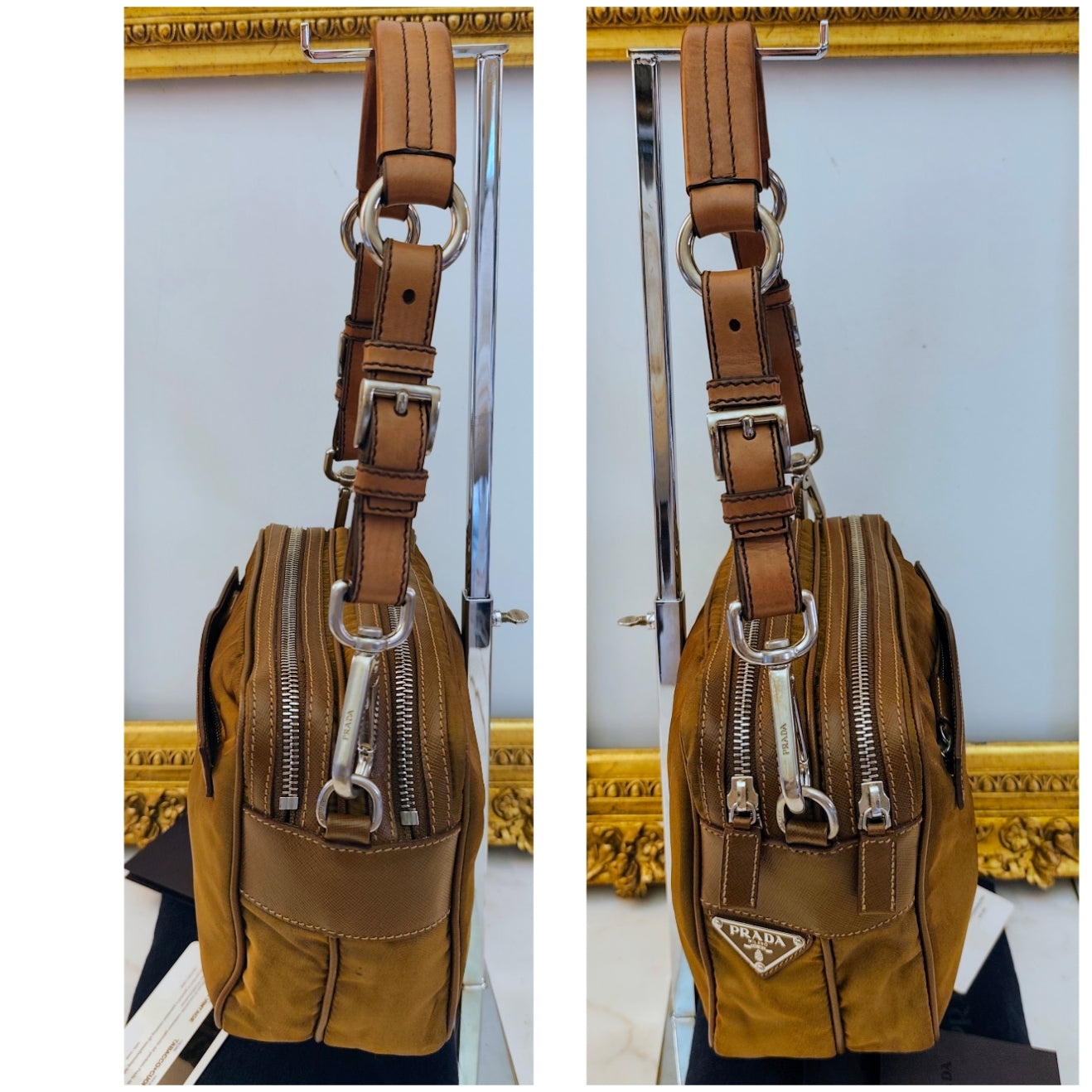 Prada - Borsetta a Spalla o Pochette in tessuto e pelle Cognac