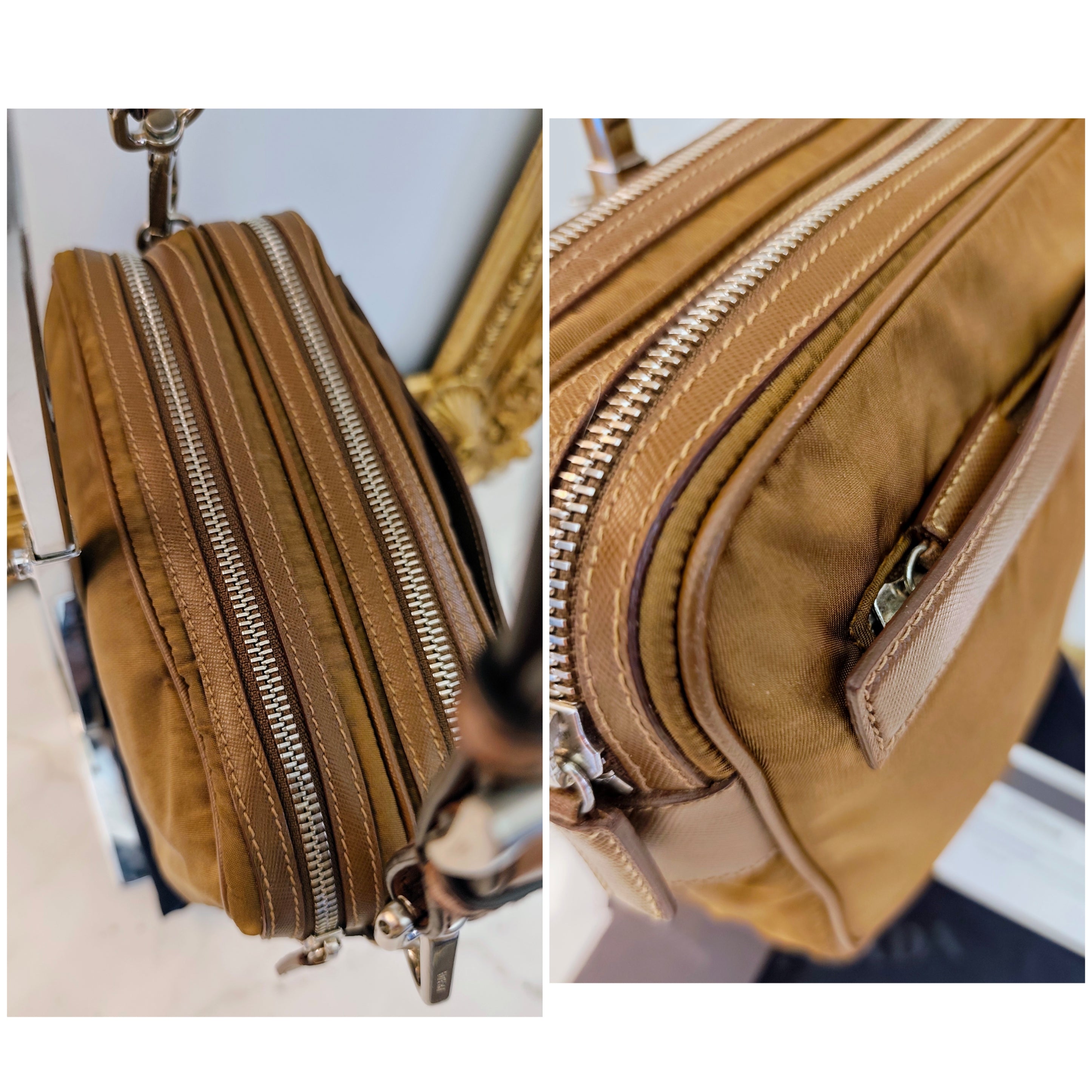 Prada - Borsetta a Spalla o Pochette in tessuto e pelle Cognac