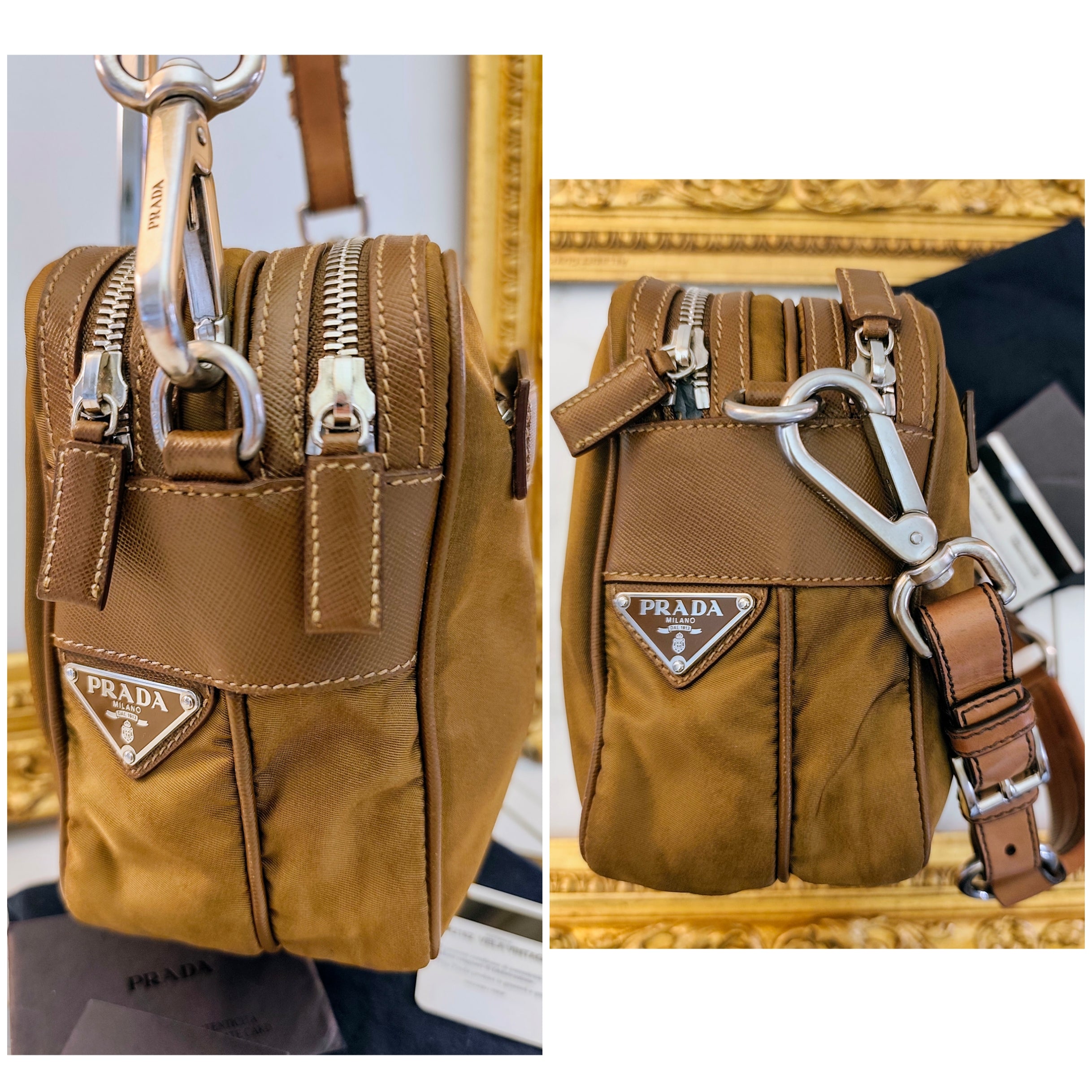 Prada - Borsetta a Spalla o Pochette in tessuto e pelle Cognac