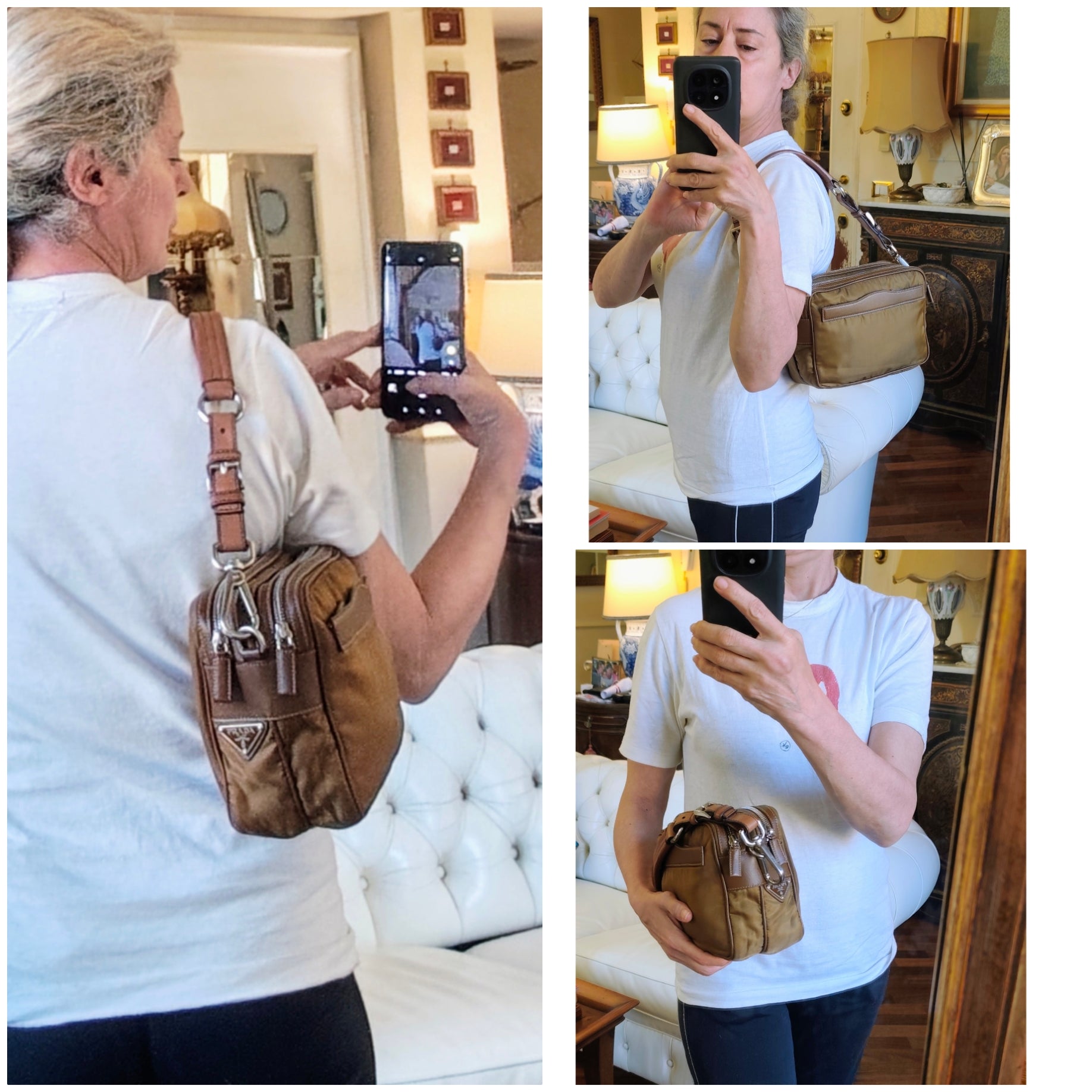 Prada - Borsetta a Spalla o Pochette in tessuto e pelle Cognac