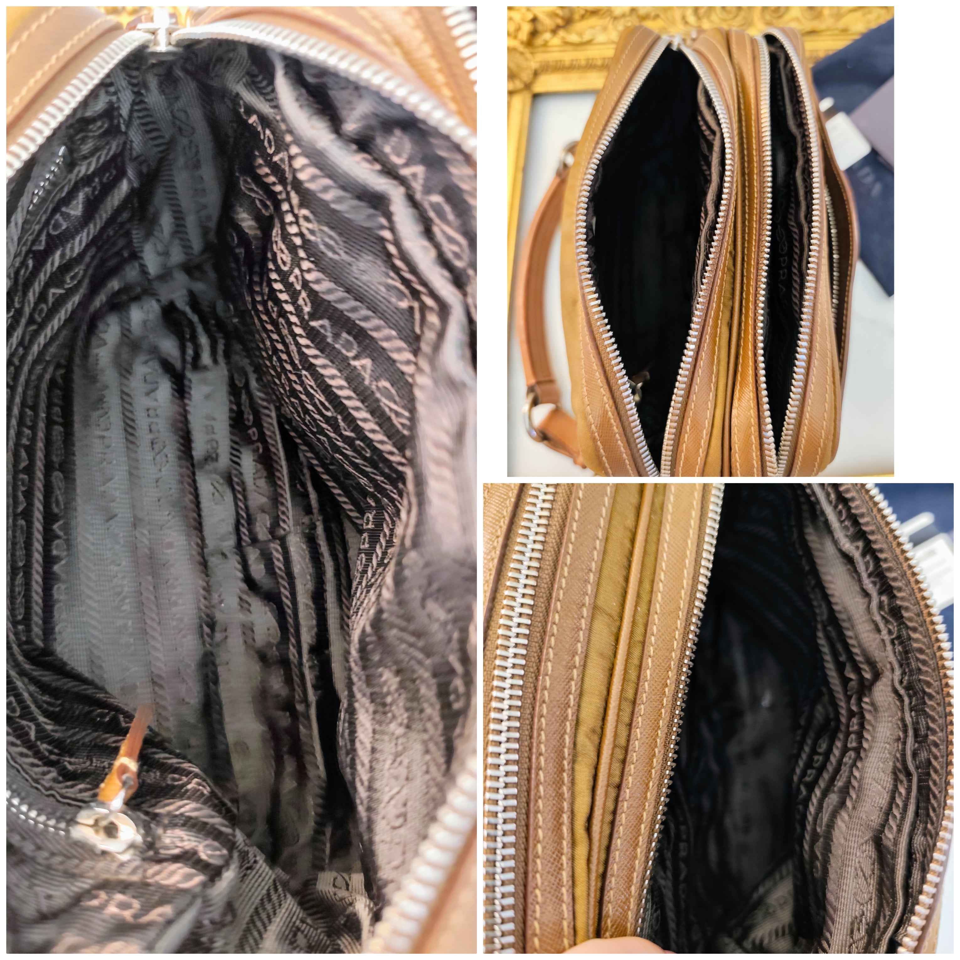 Prada - Borsetta a Spalla o Pochette in tessuto e pelle Cognac