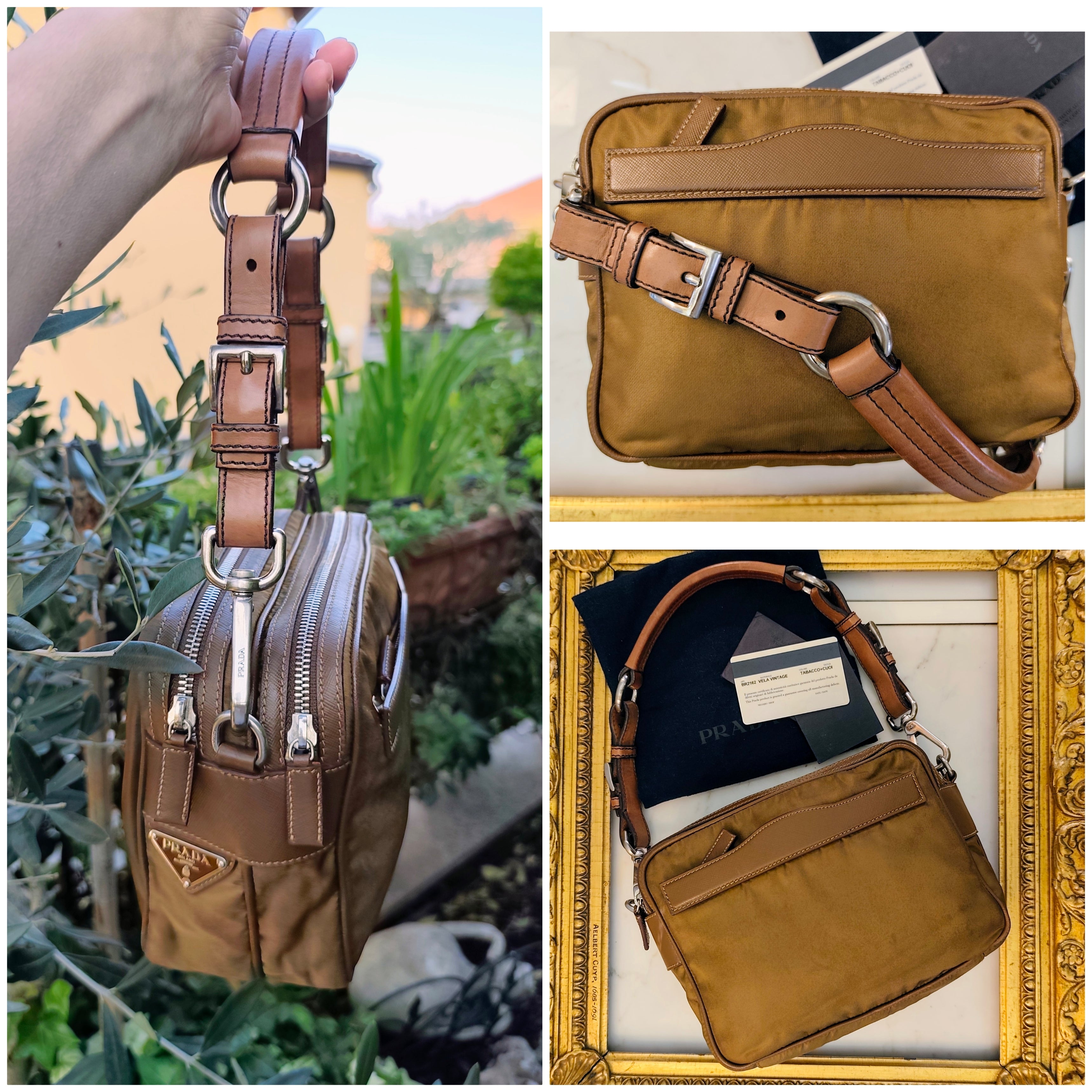 Prada - Borsetta a Spalla o Pochette in tessuto e pelle Cognac