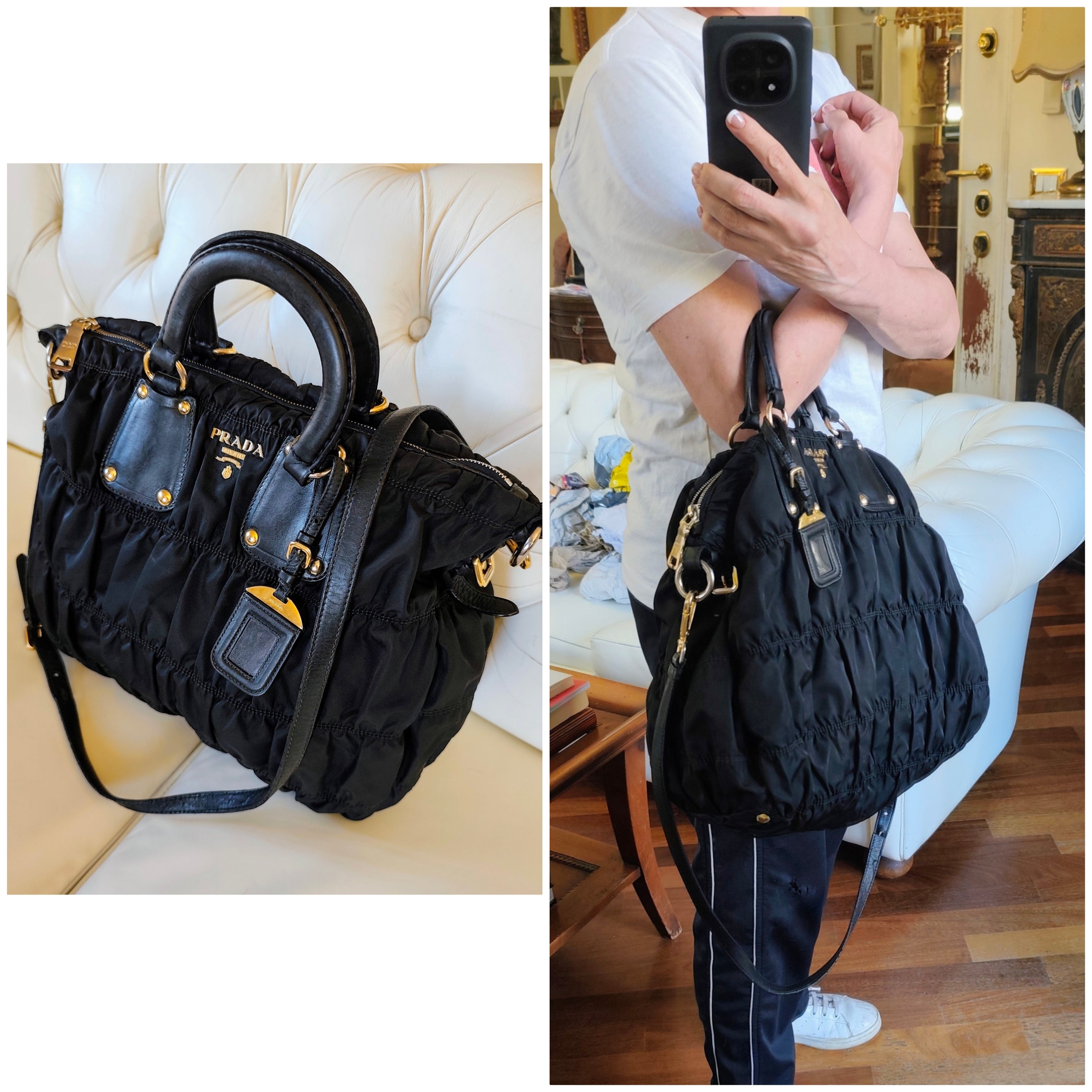 Prada - Shopper Tote Bag in Nylon Goffrato e Pelle Nera Full Set