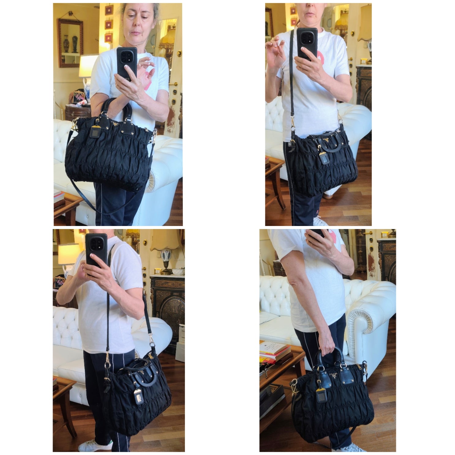 Prada - Shopper Tote Bag in Nylon Goffrato e Pelle Nera Full Set