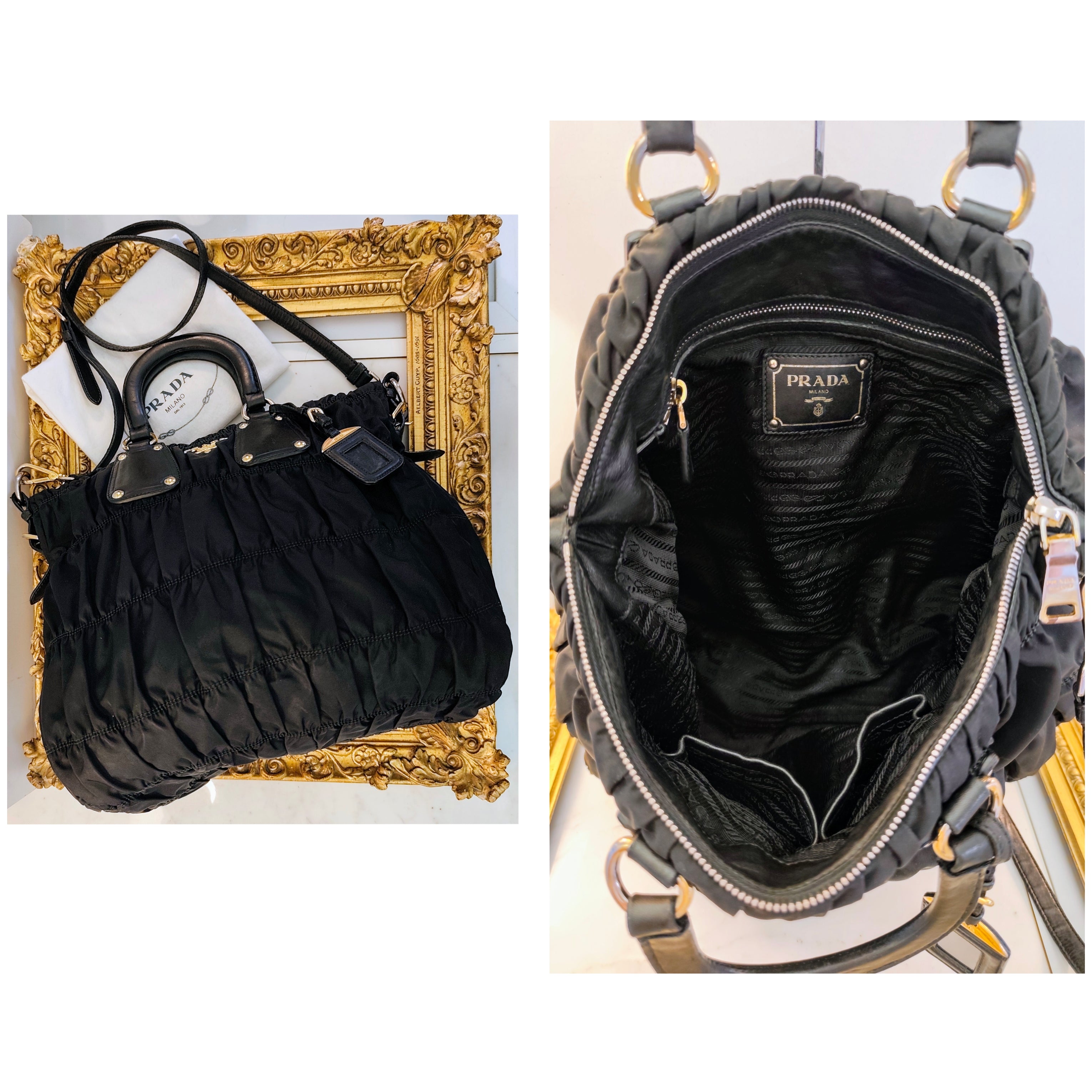 Prada - Shopper Tote Bag in Nylon Goffrato e Pelle Nera Full Set