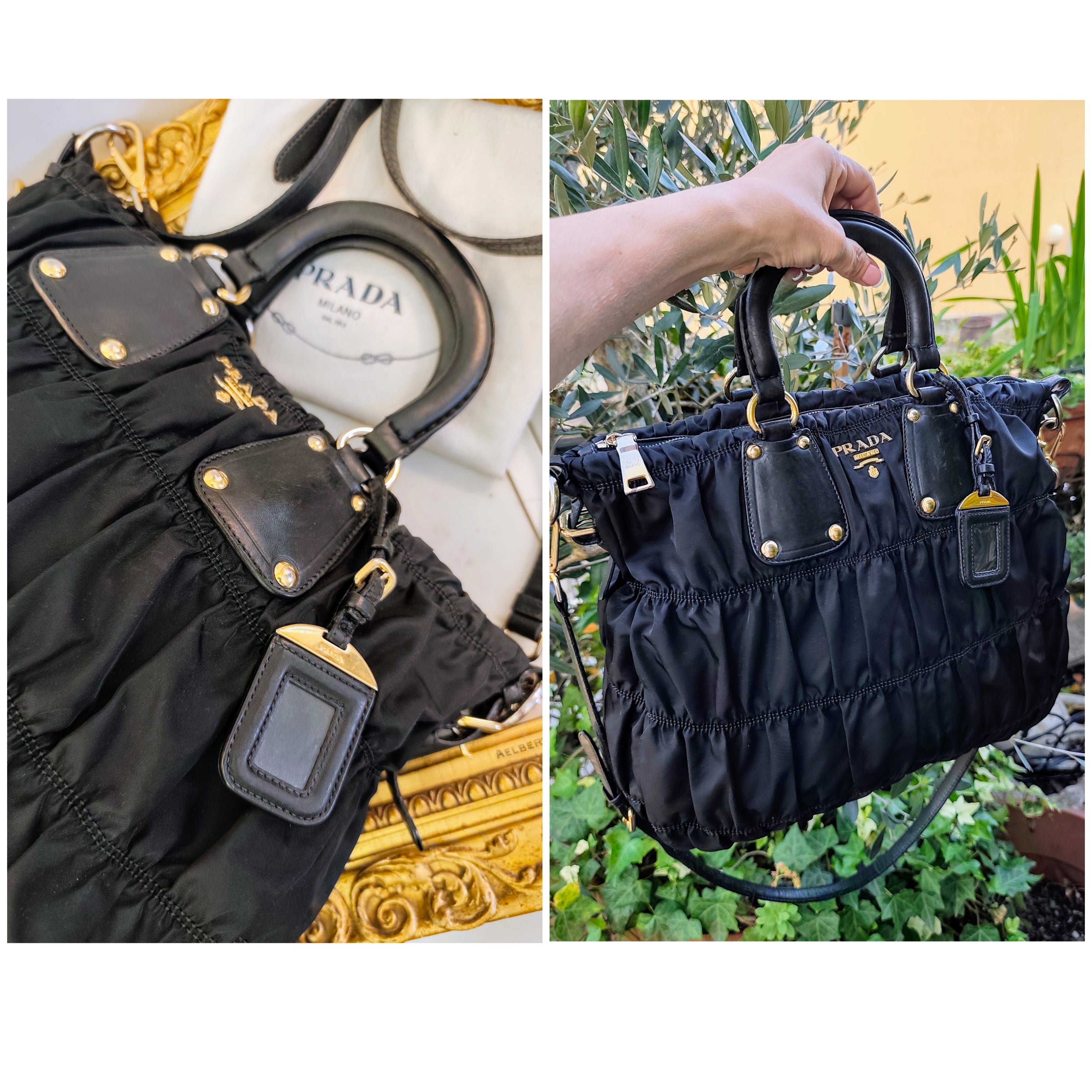 Prada - Shopper Tote Bag in Nylon Goffrato e Pelle Nera Full Set