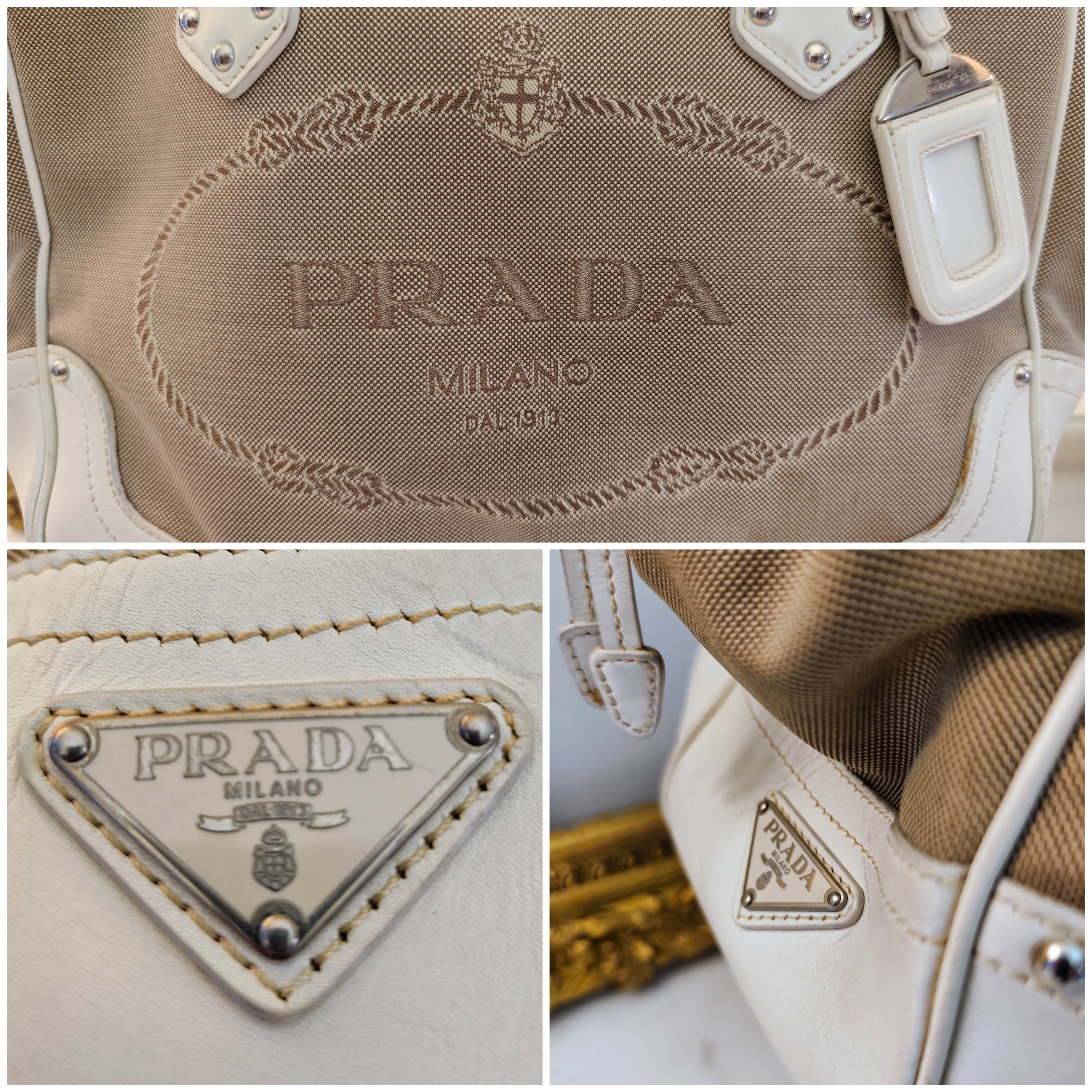 Prada - Tote Bag a Spalla Jacquard Tessuto e pelle