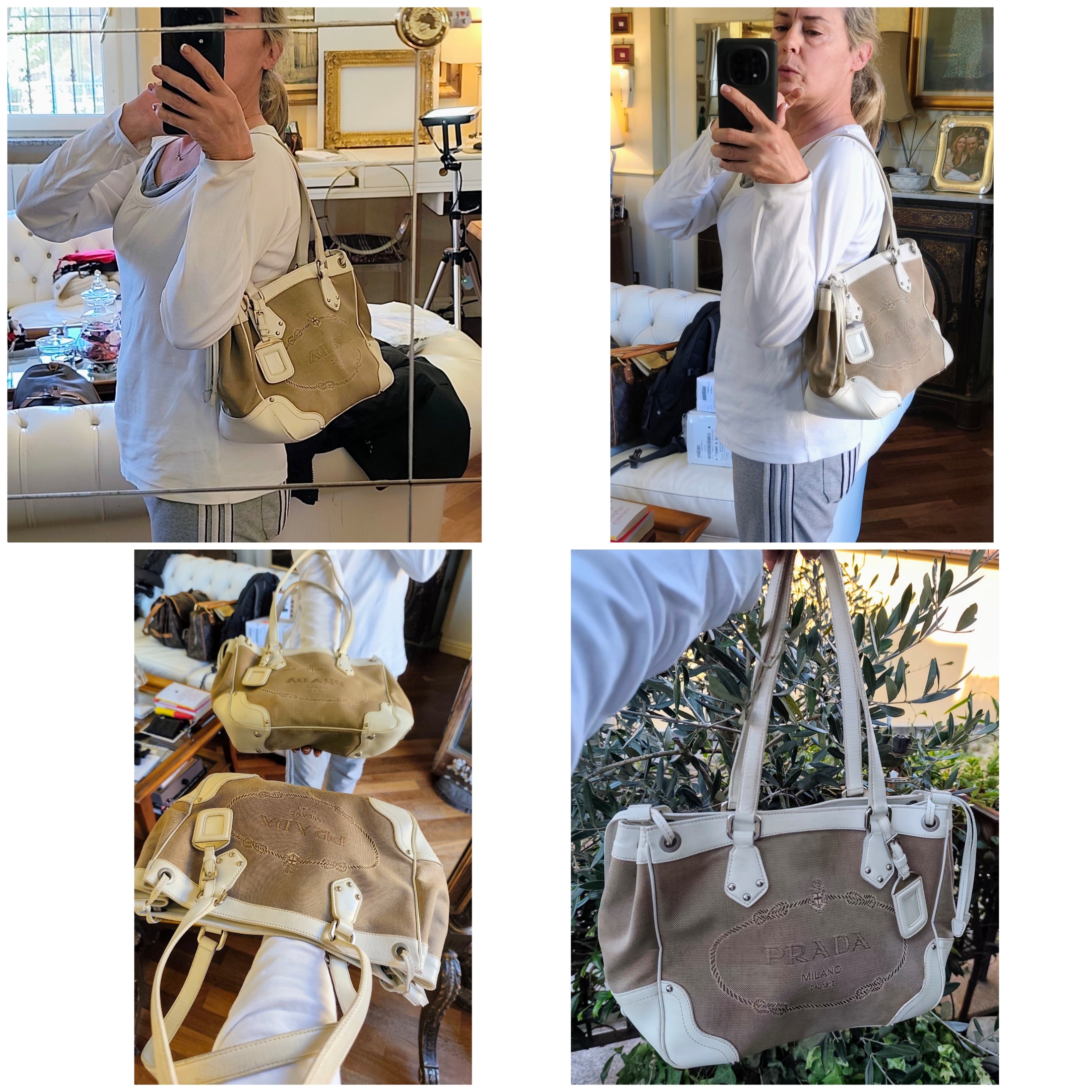 Prada - Tote Bag a Spalla Jacquard Tessuto e pelle