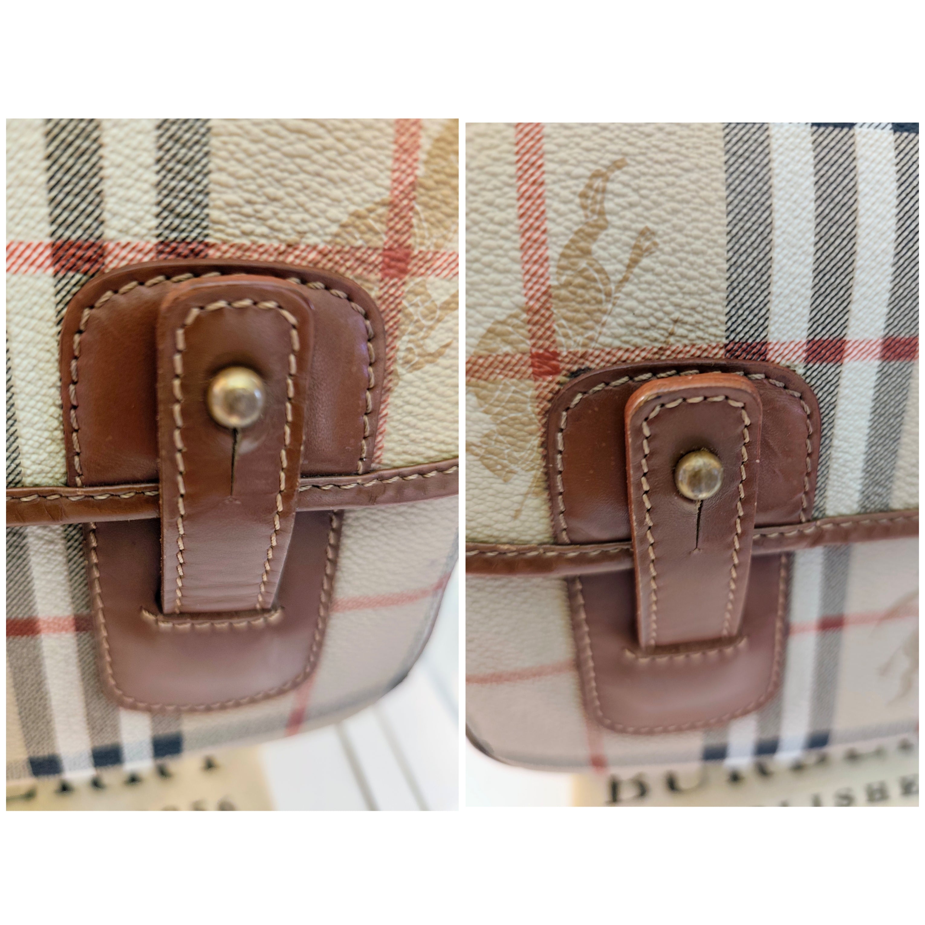 Burberry – Borsa Postina Messenger in Tela Check Beige e Pelle Marrone Vintage