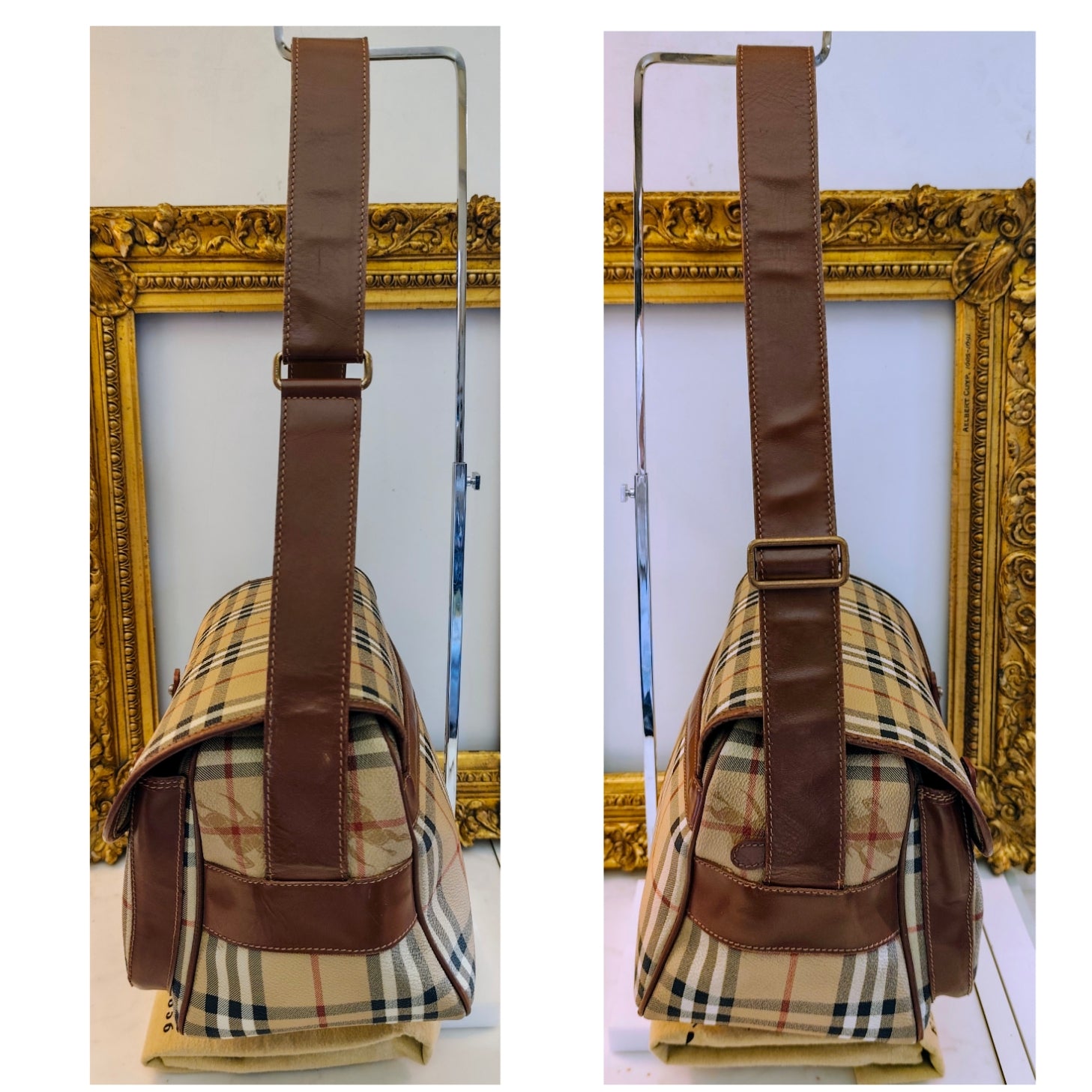 Burberry – Borsa Postina Messenger in Tela Check Beige e Pelle Marrone Vintage