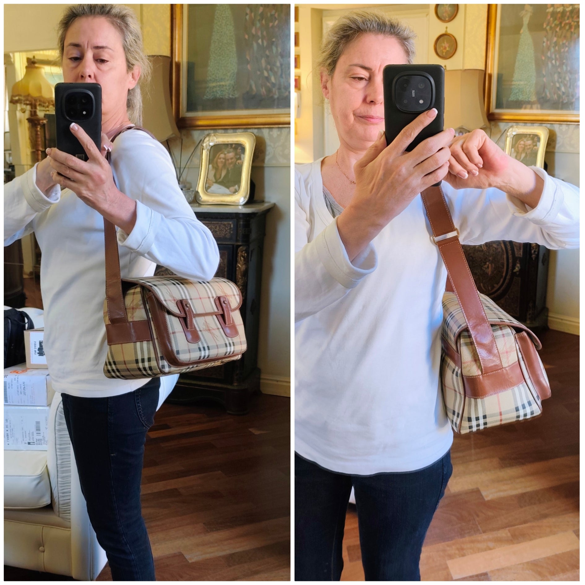 Burberry – Borsa Postina Messenger in Tela Check Beige e Pelle Marrone Vintage