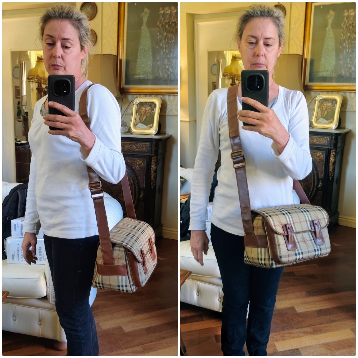 Burberry – Borsa Postina Messenger in Tela Check Beige e Pelle Marrone Vintage