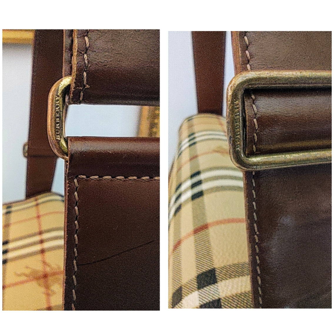 Burberry – Borsa Postina Messenger in Tela Check Beige e Pelle Marrone Vintage