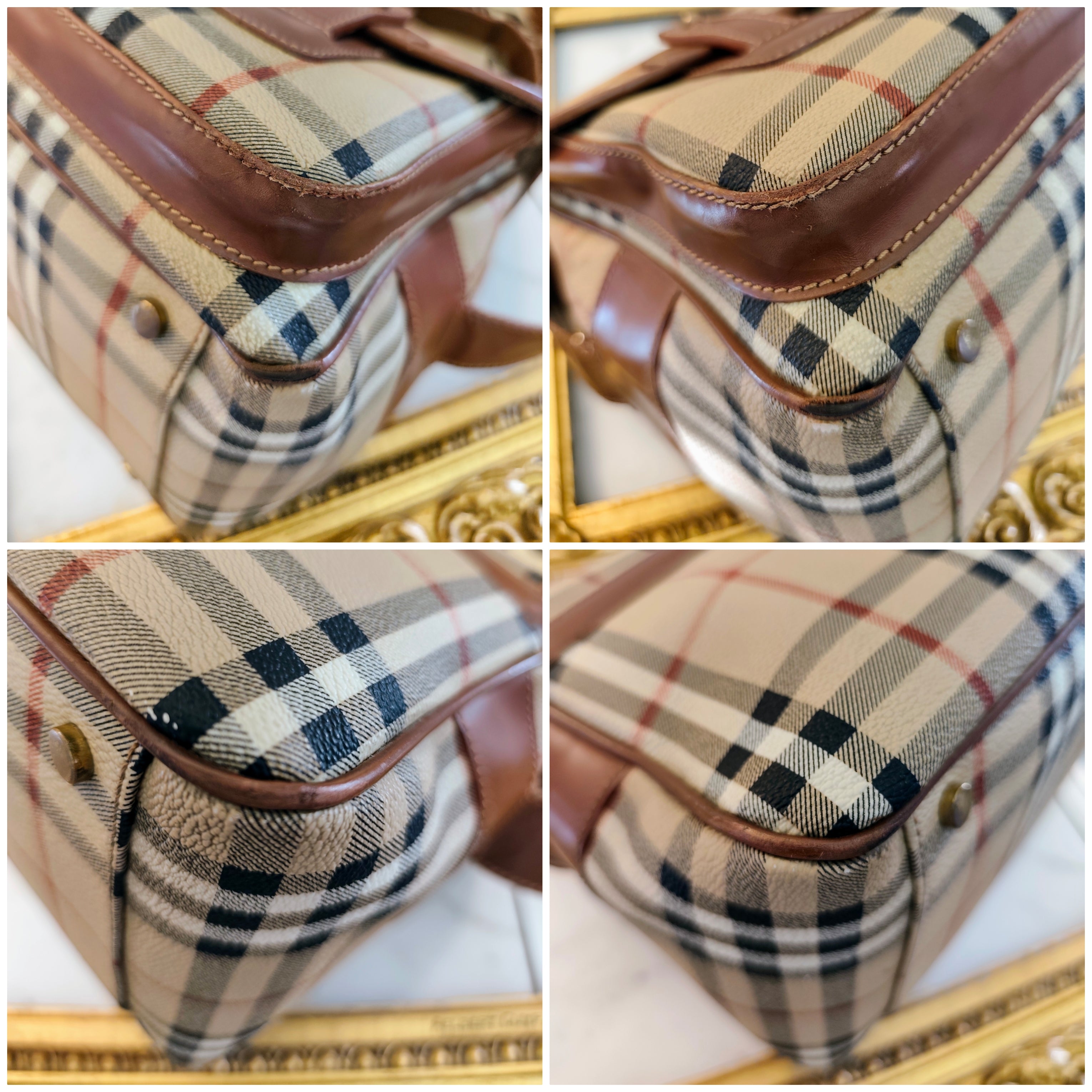 Burberry – Borsa Postina Messenger in Tela Check Beige e Pelle Marrone Vintage