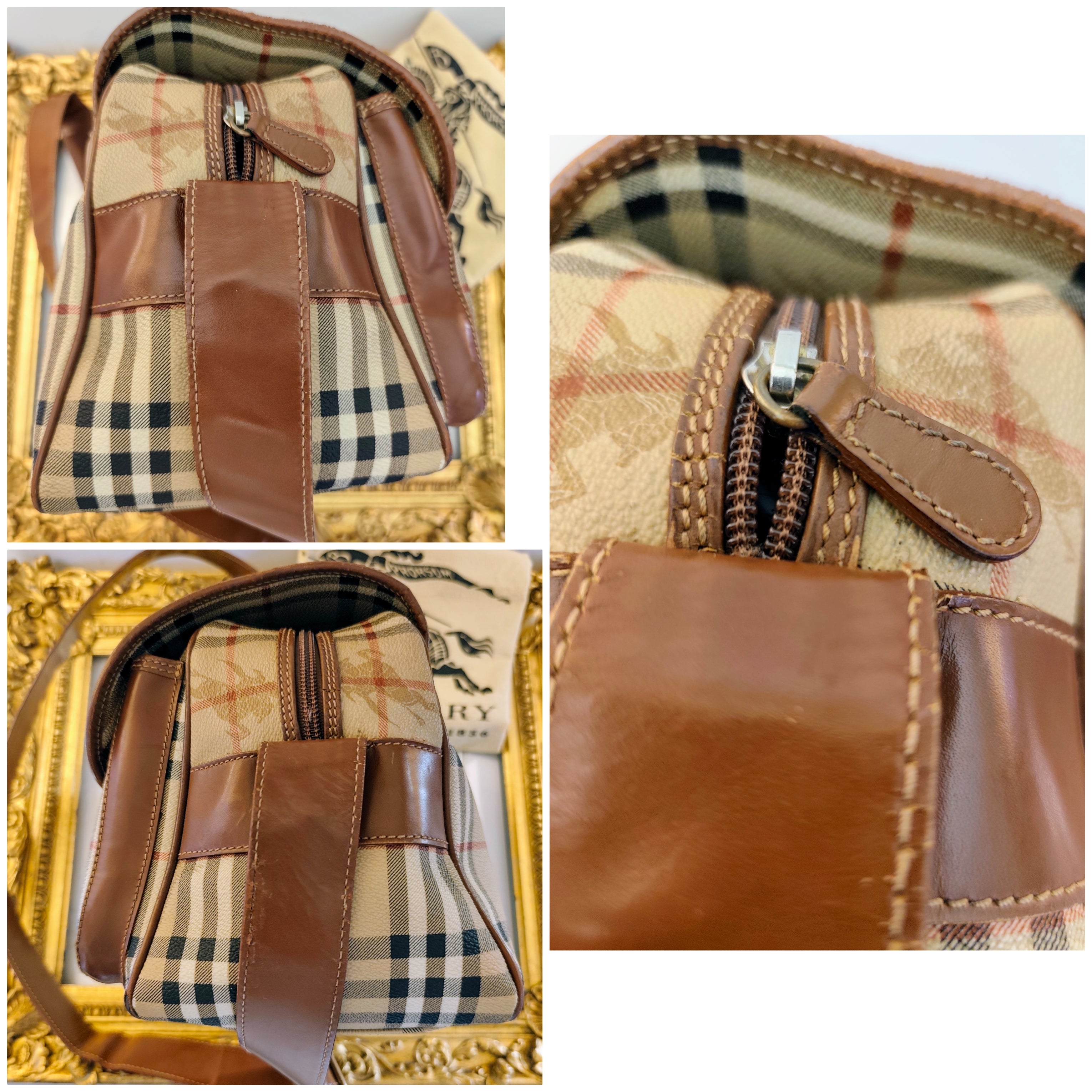 Burberry – Borsa Postina Messenger in Tela Check Beige e Pelle Marrone Vintage