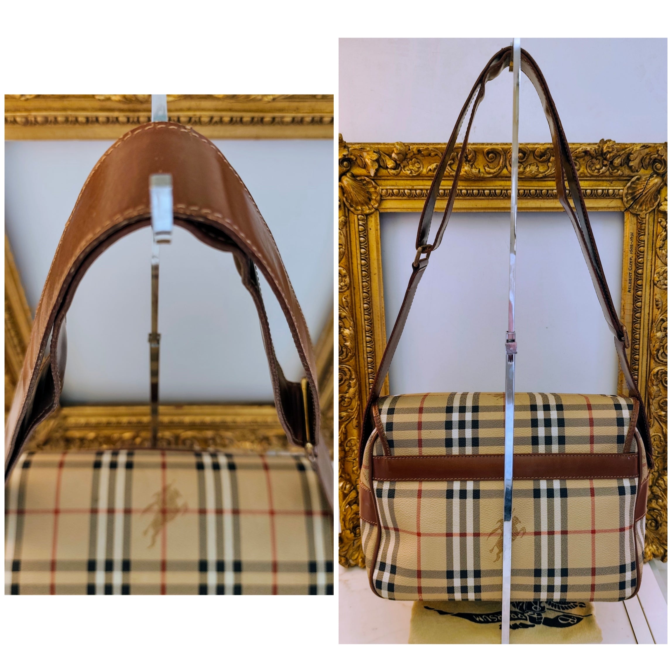 Burberry – Borsa Postina Messenger in Tela Check Beige e Pelle Marrone Vintage