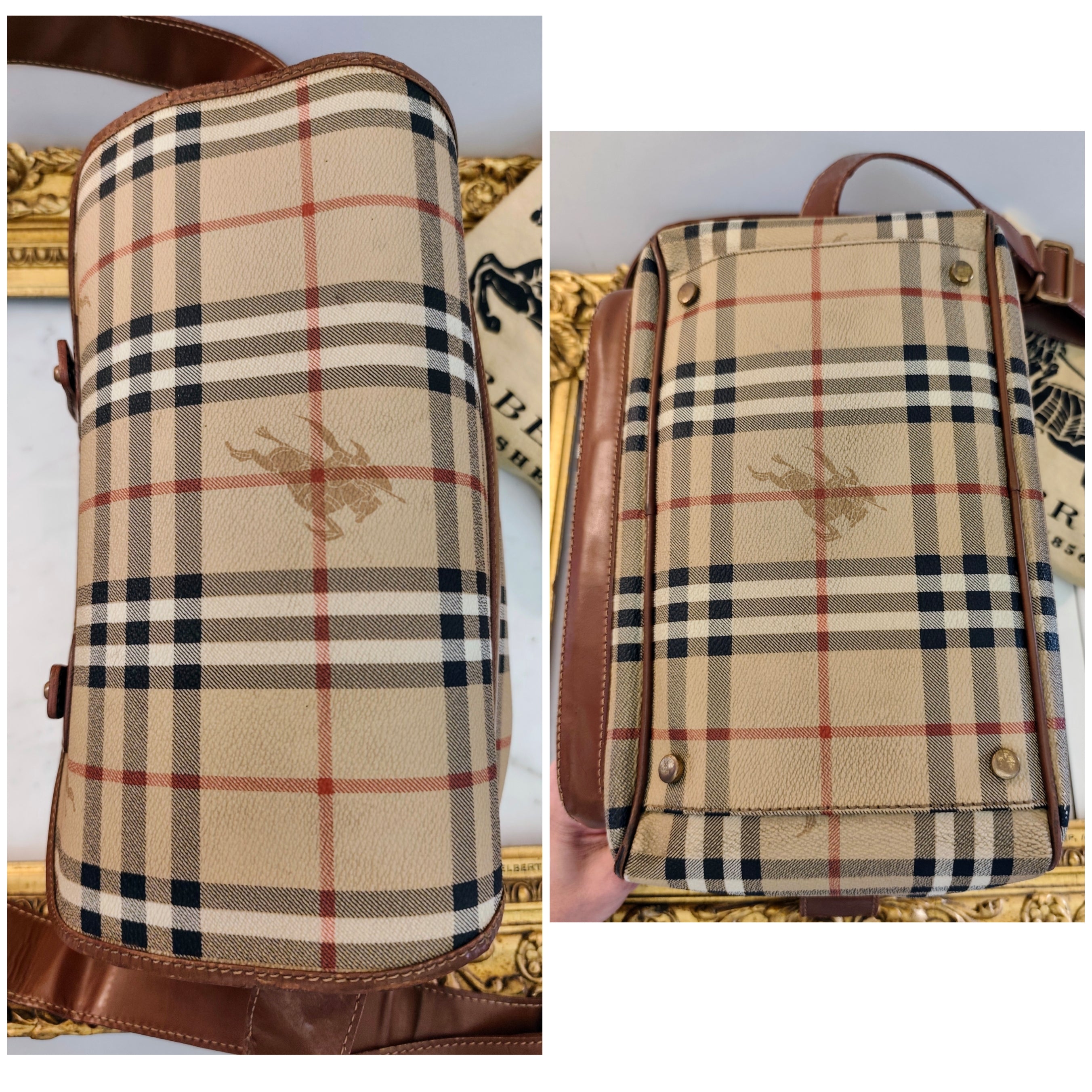 Burberry – Borsa Postina Messenger in Tela Check Beige e Pelle Marrone Vintage