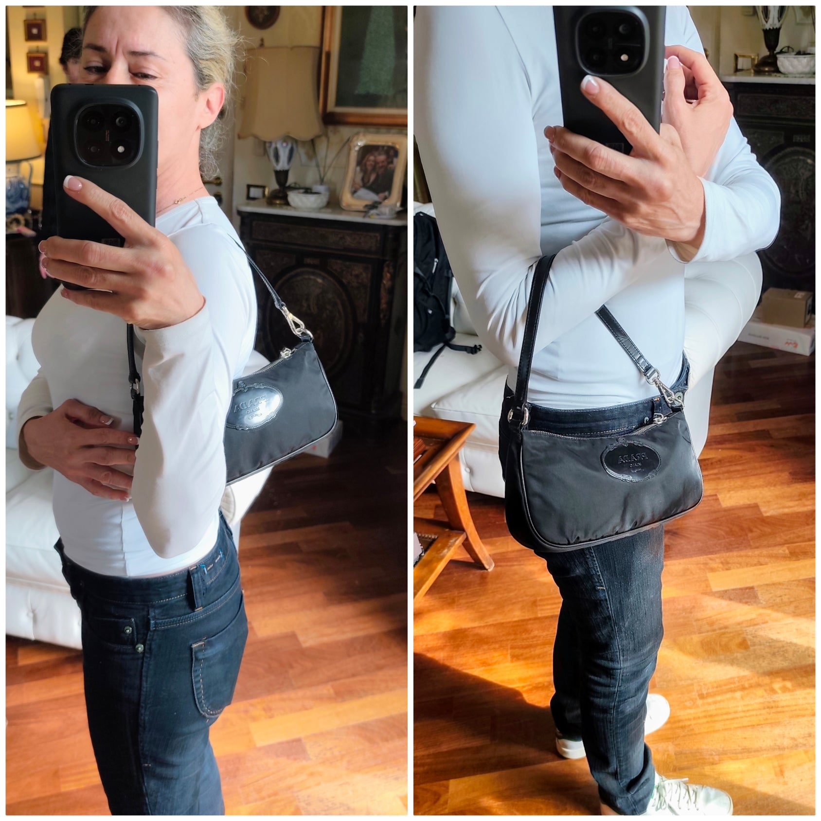 Prada – Mini Borsa a Spalla in Re-Nylon Nero Logo Jacquard