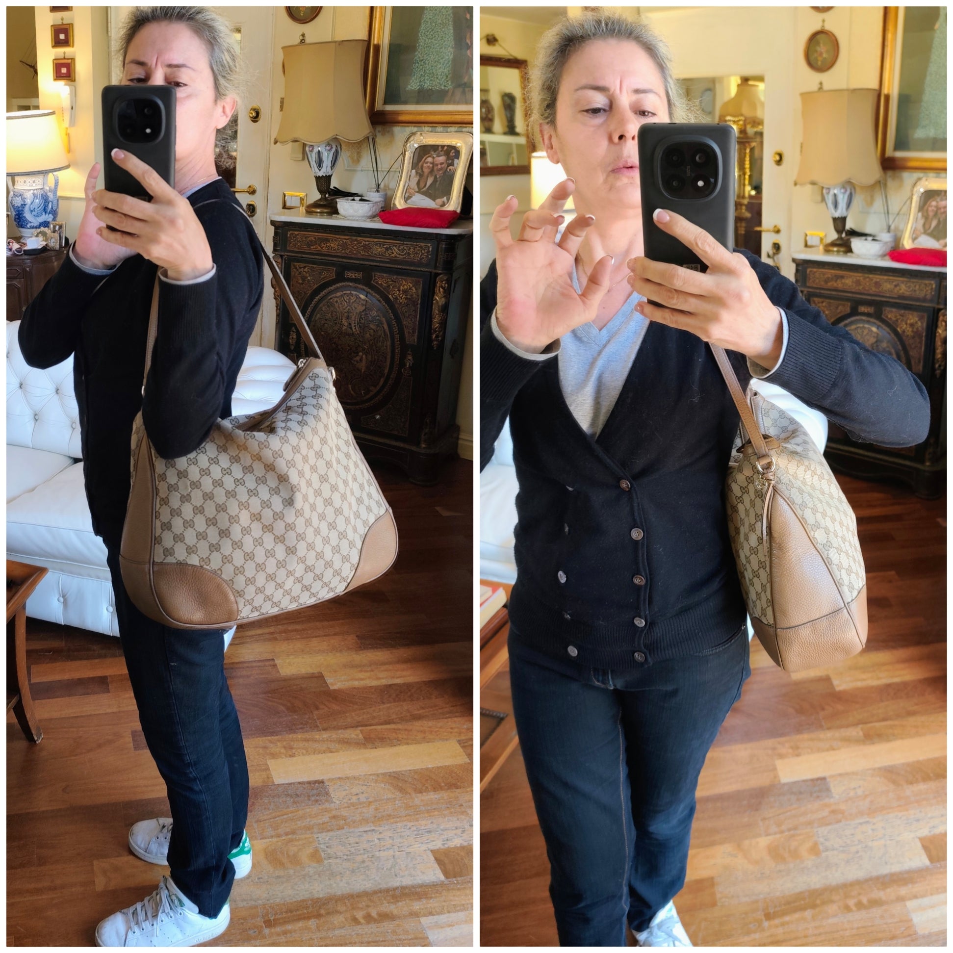 Gucci – Bree Shopper Hobo Tessuto “GG” Beige e Pelle cammello