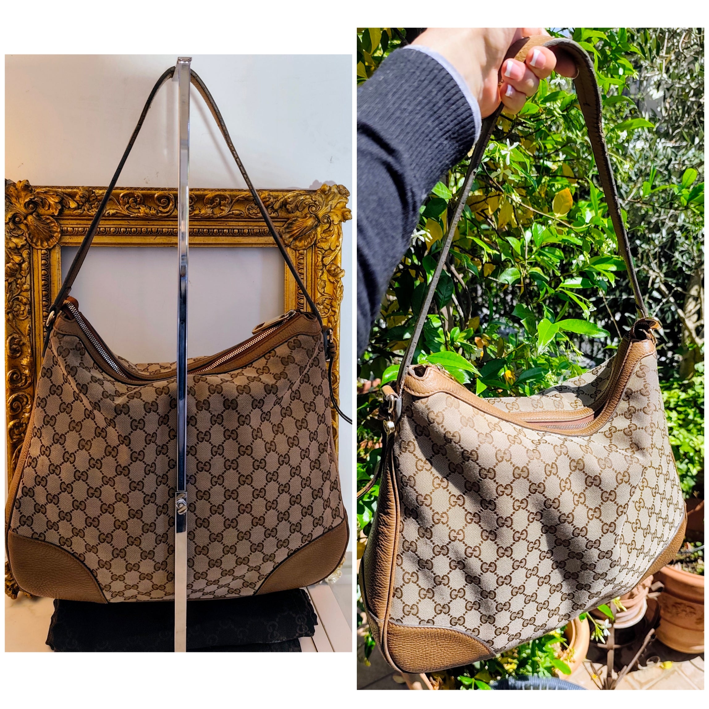 Gucci – Bree Shopper Hobo Tessuto “GG” Beige e Pelle cammello