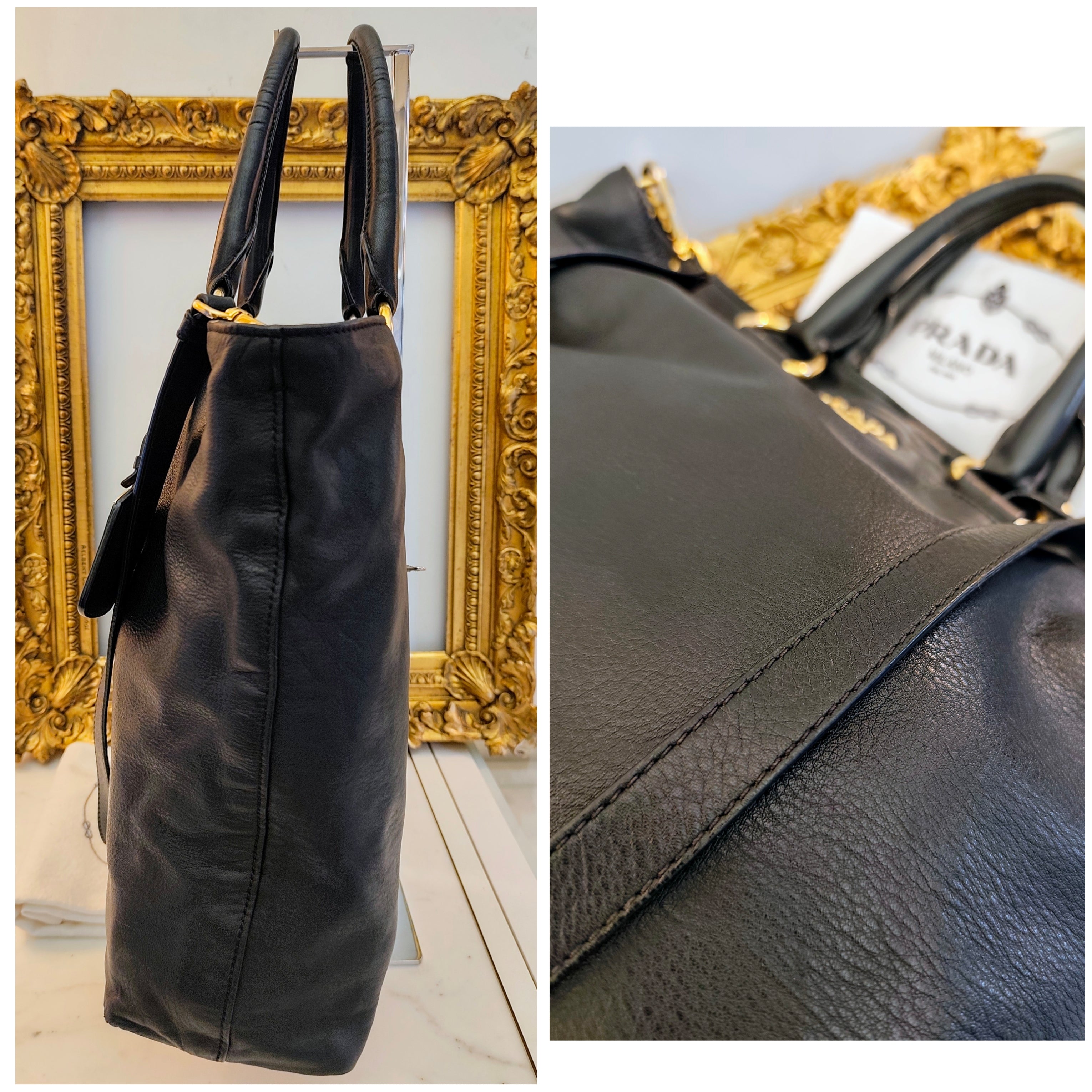 Prada - Shopper a spalla in Pelle Spazzolata Nera con tracolla