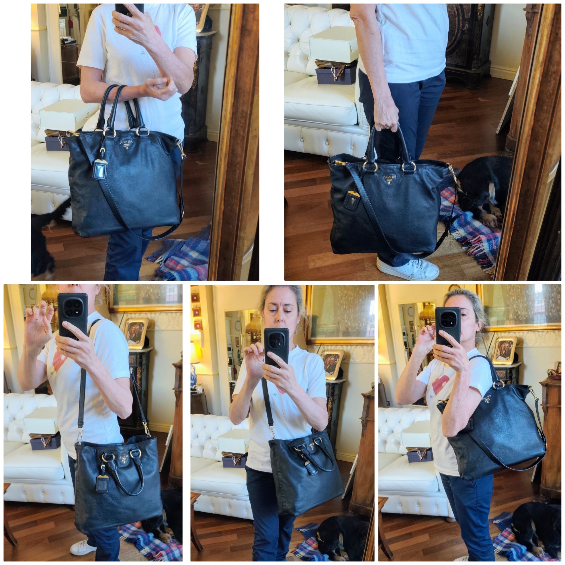 Prada - Shopper a spalla in Pelle Spazzolata Nera con tracolla