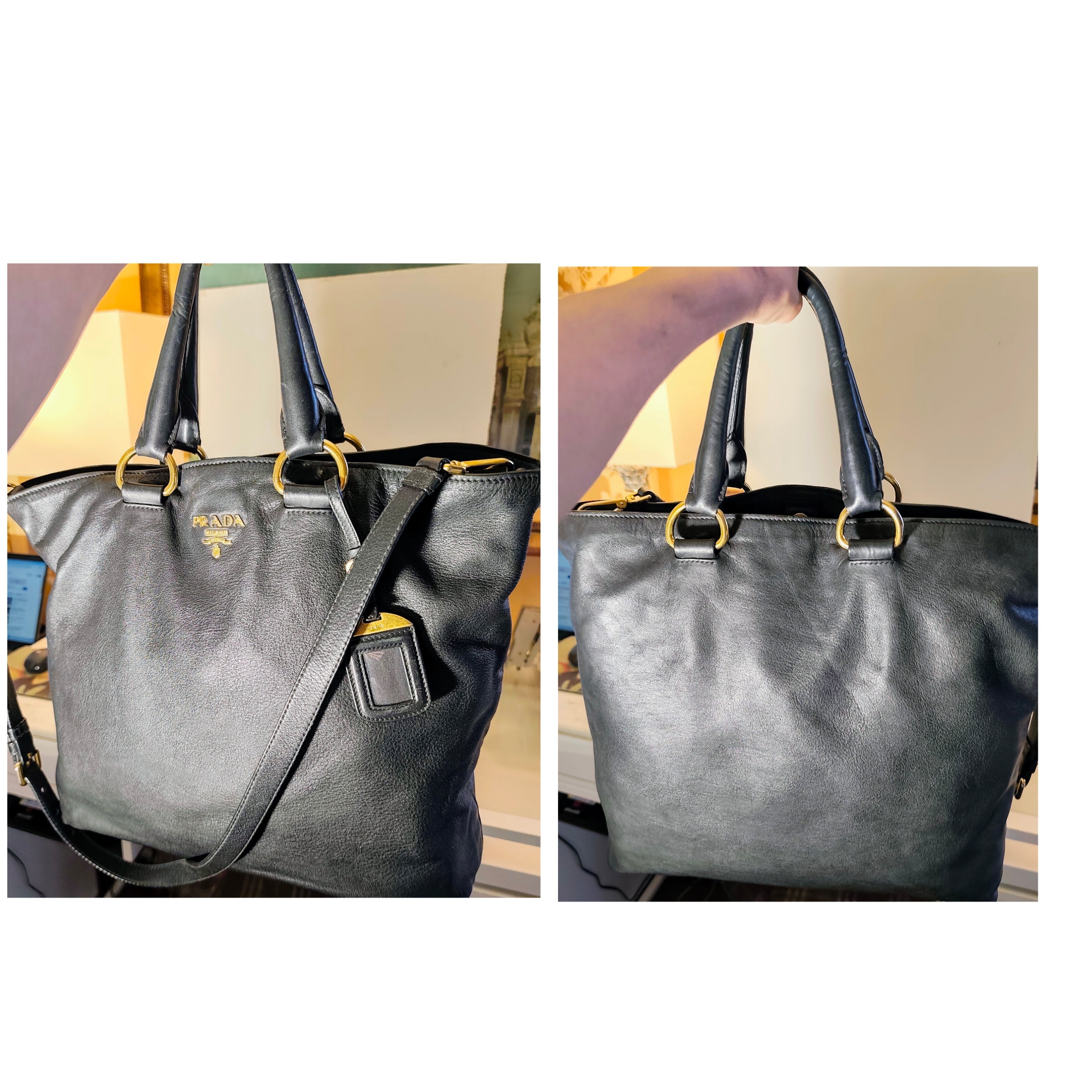Prada - Shopper a spalla in Pelle Spazzolata Nera con tracolla
