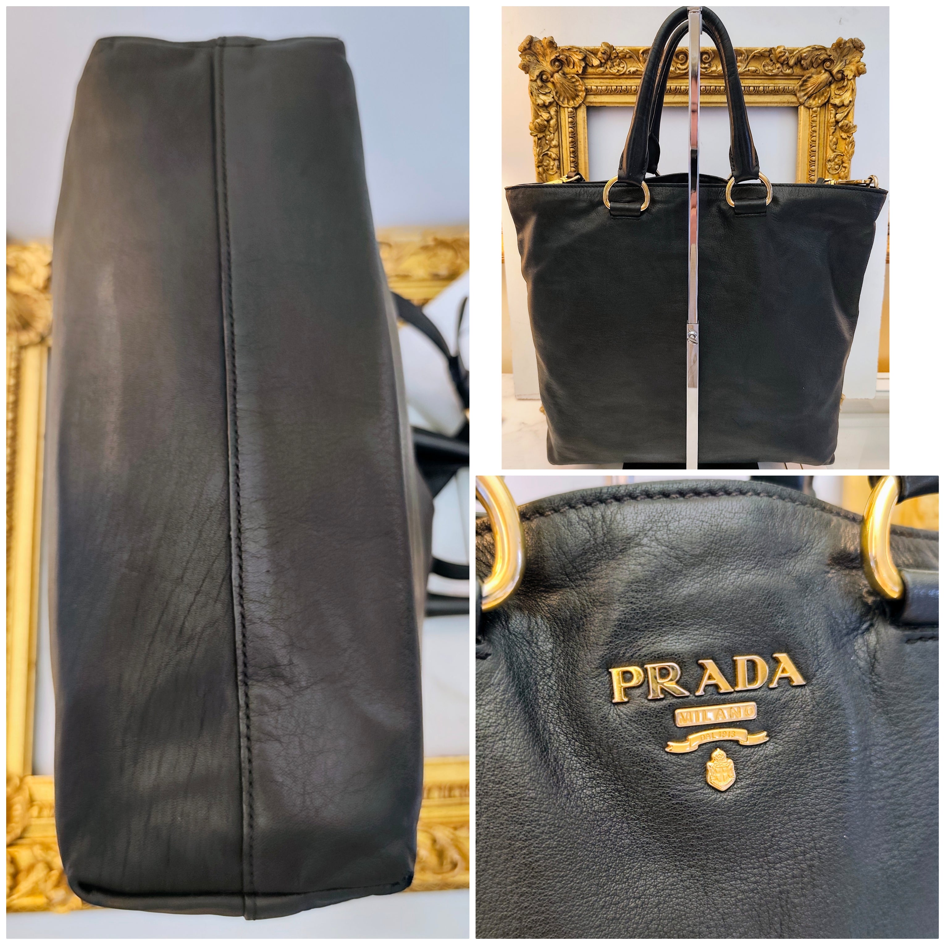 Prada - Shopper a spalla in Pelle Spazzolata Nera con tracolla