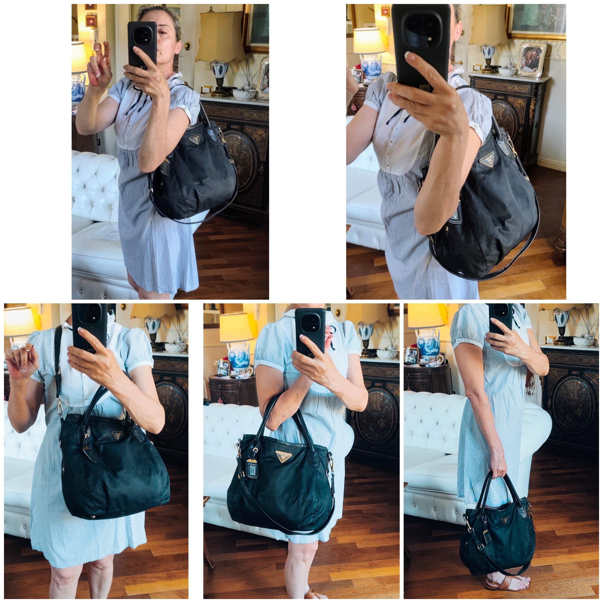 Prada – Borsa Shopper in Nylon e Pelle Nera con Logo Triangolo e Tracolla