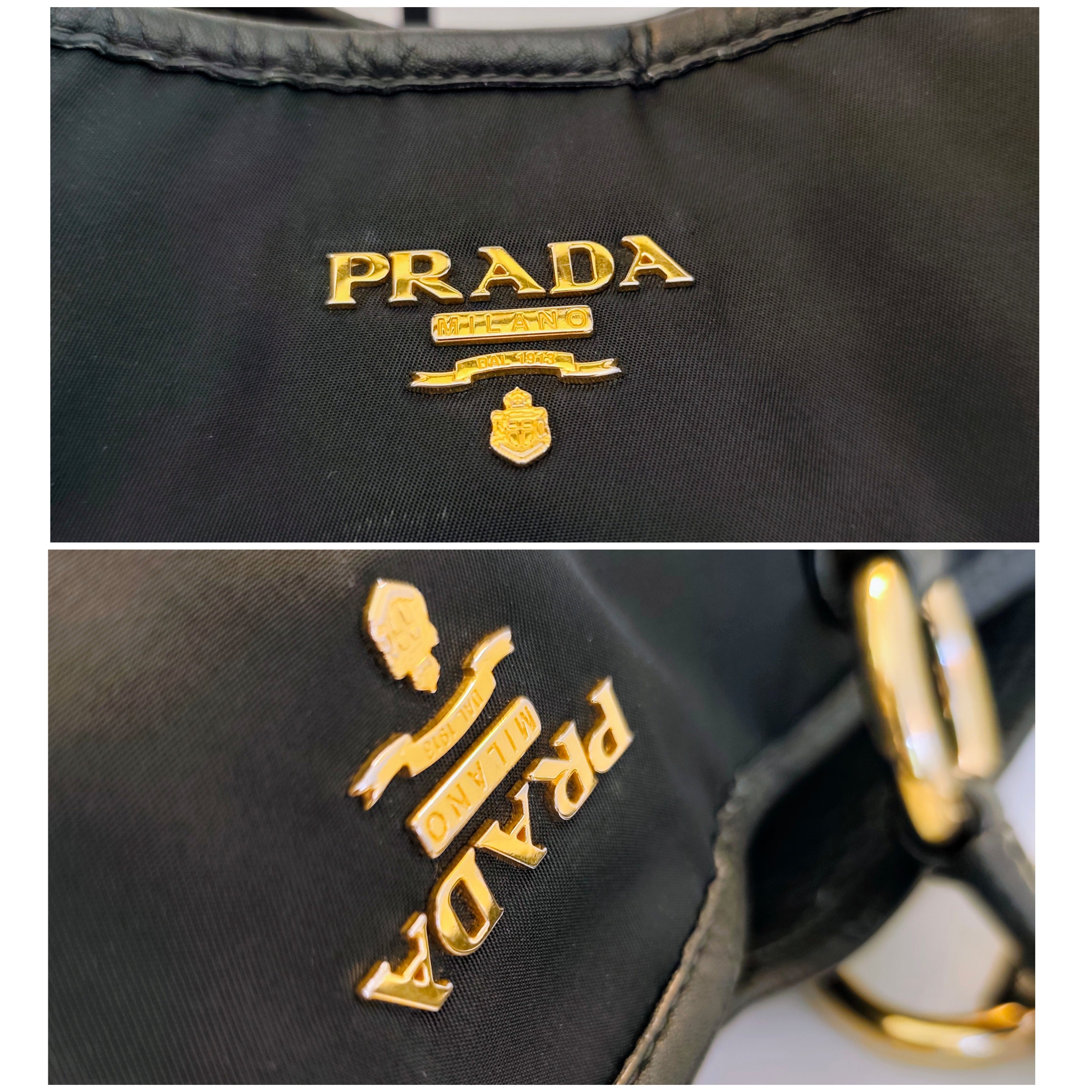 Prada - Shopper Tote Bag in Nylon e Pelle Nera con Tracolla