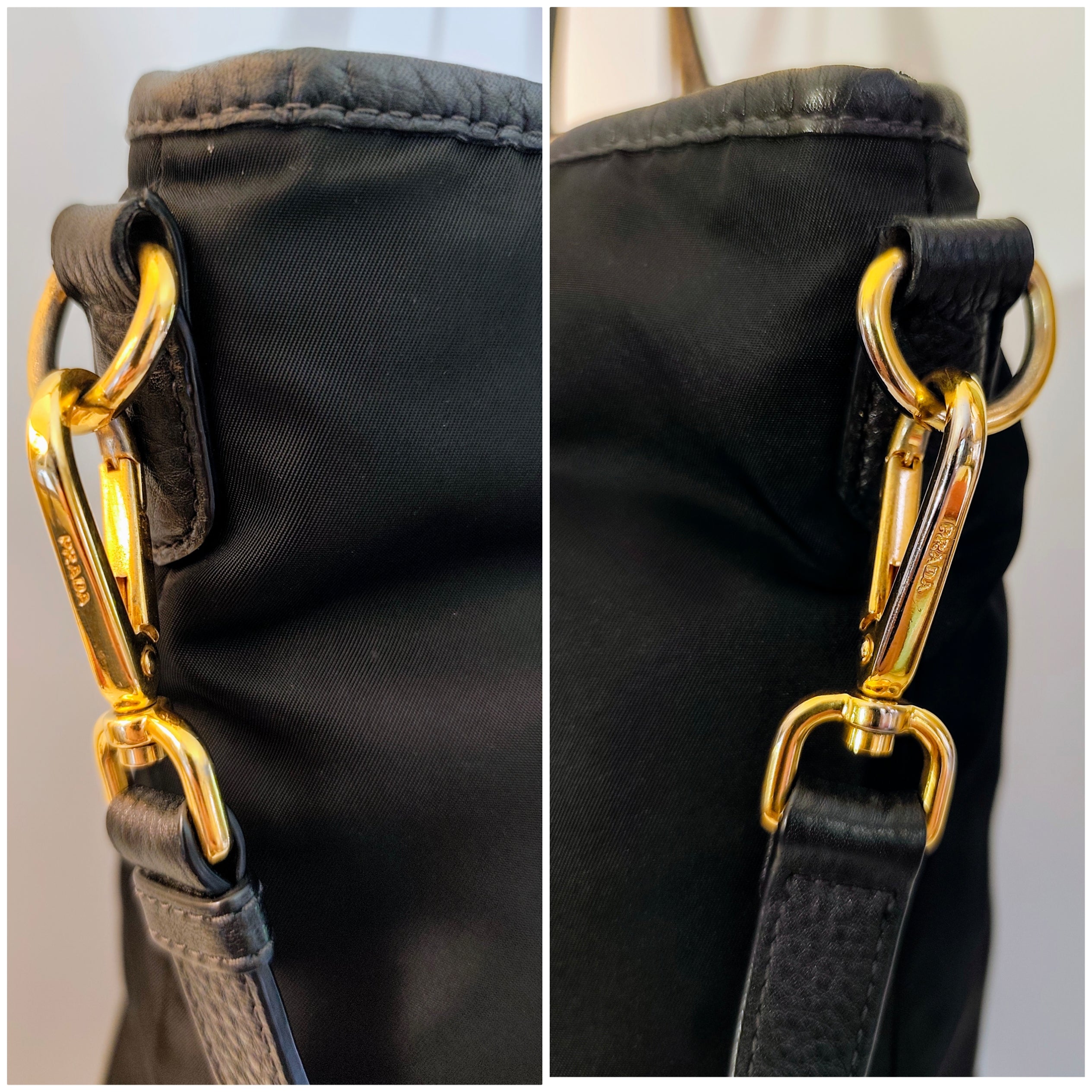 Prada - Shopper Tote Bag in Nylon e Pelle Nera con Tracolla