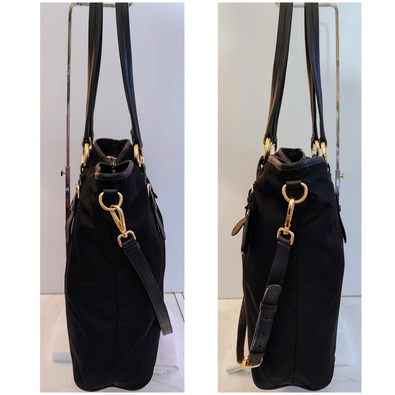 Prada - Shopper Tote Bag in Nylon e Pelle Nera con Tracolla