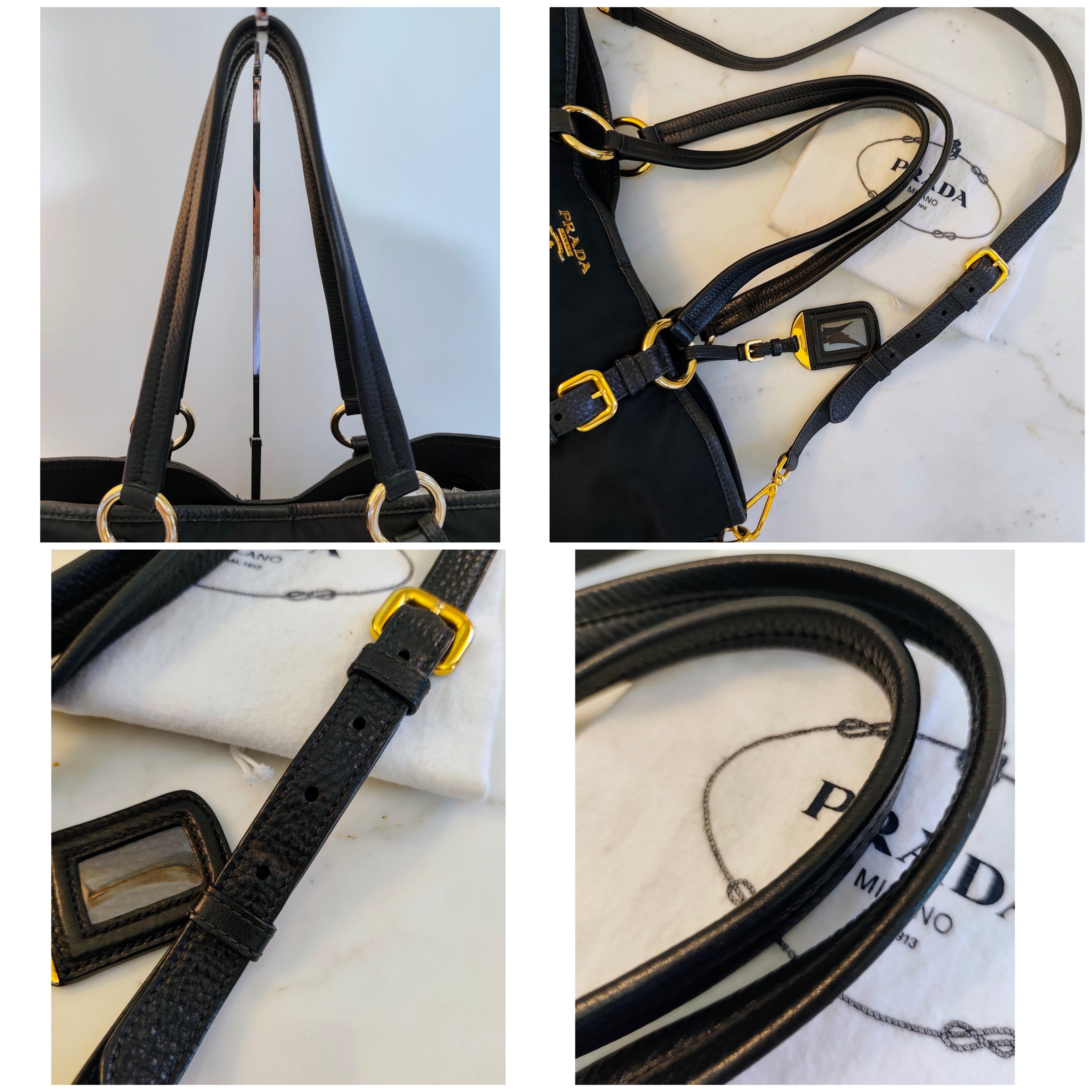 Prada - Shopper Tote Bag in Nylon e Pelle Nera con Tracolla