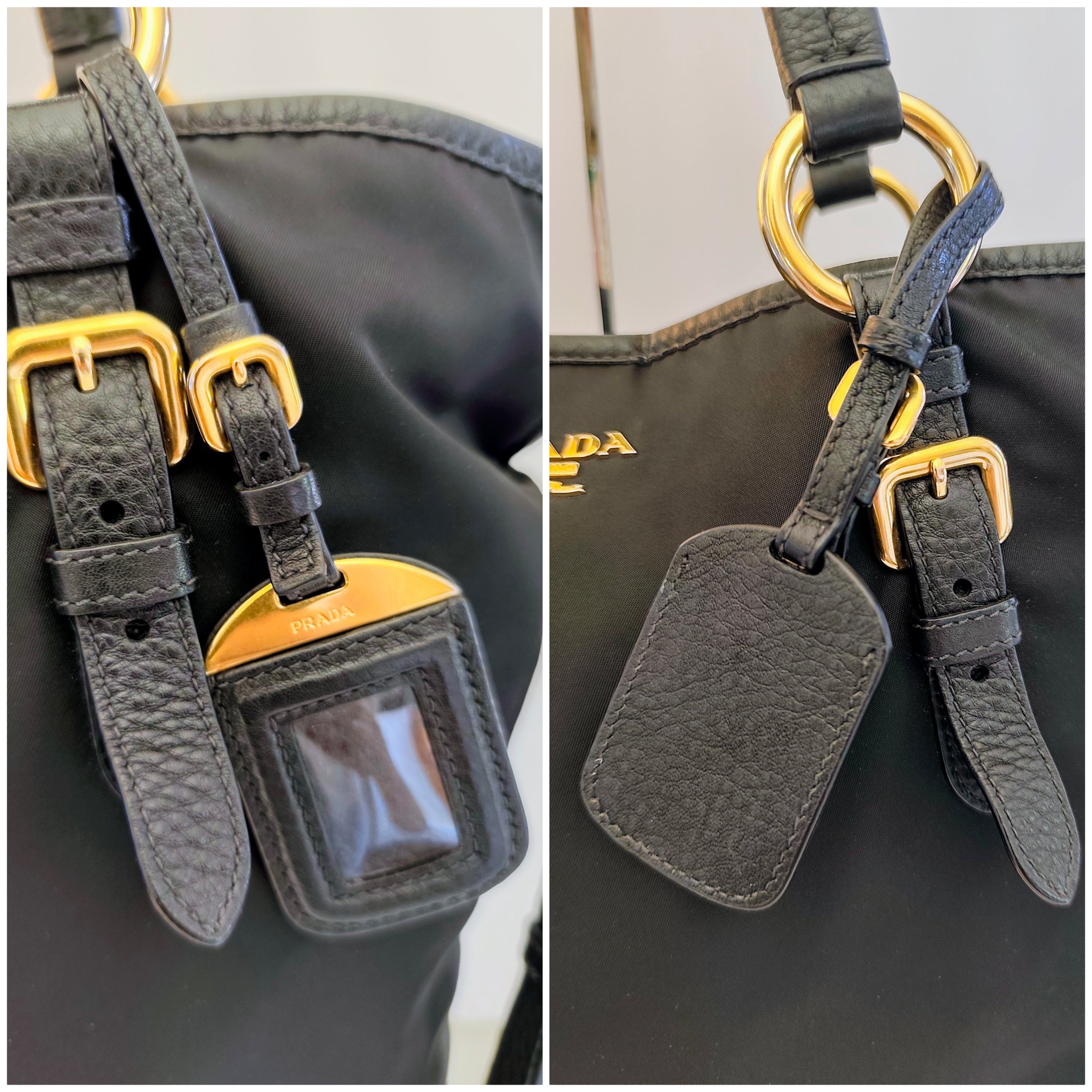 Prada - Shopper Tote Bag in Nylon e Pelle Nera con Tracolla