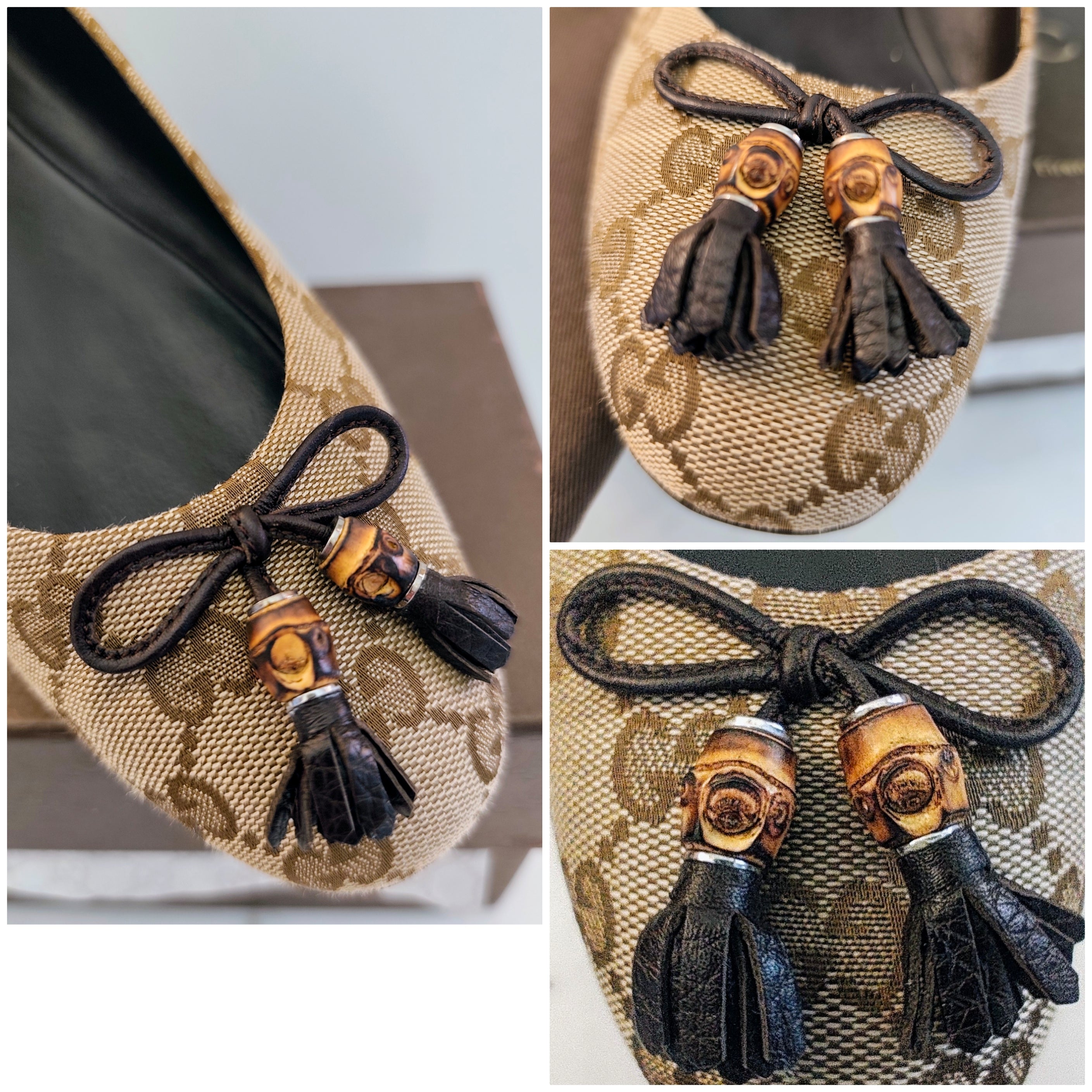 Gucci – Ballerine Tessuto “GG” Beige con Fiocchi e Charm Bamboo Pari al Nuovo Full Set