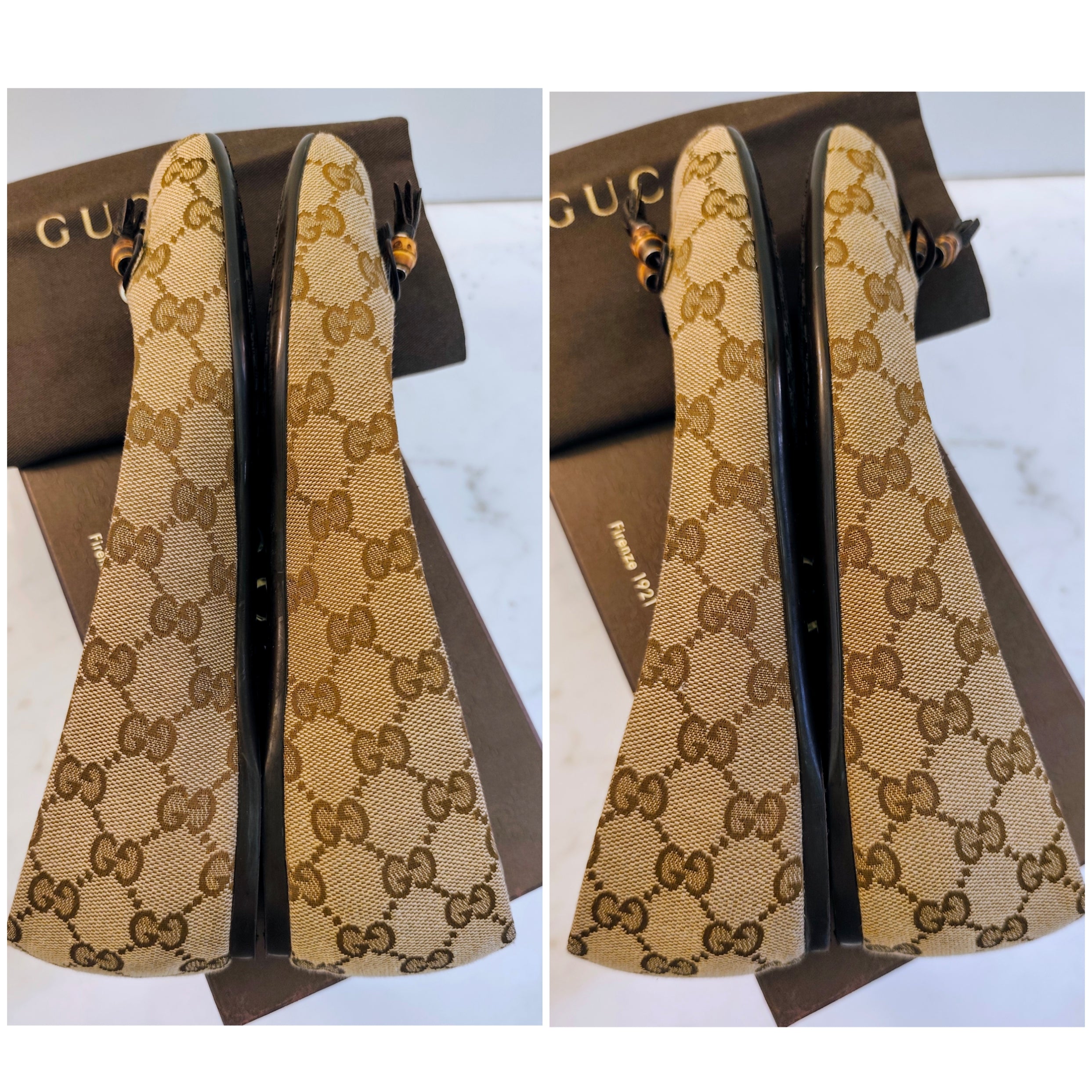 Gucci – Ballerine Tessuto “GG” Beige con Fiocchi e Charm Bamboo Pari al Nuovo Full Set
