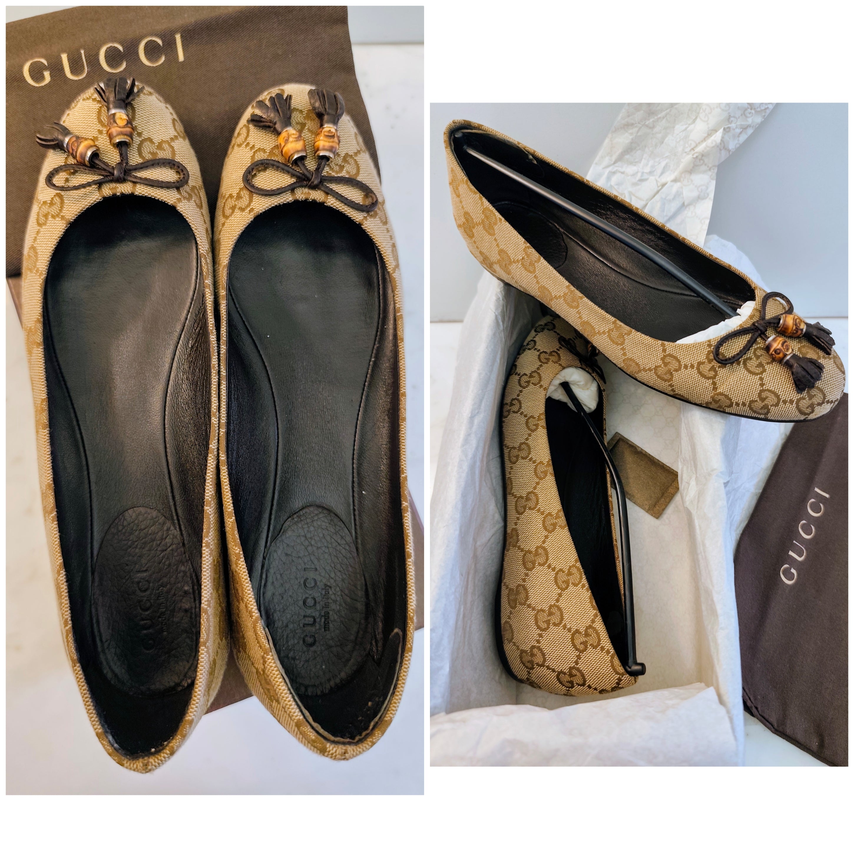 Gucci – Ballerine Tessuto “GG” Beige con Fiocchi e Charm Bamboo Pari al Nuovo Full Set