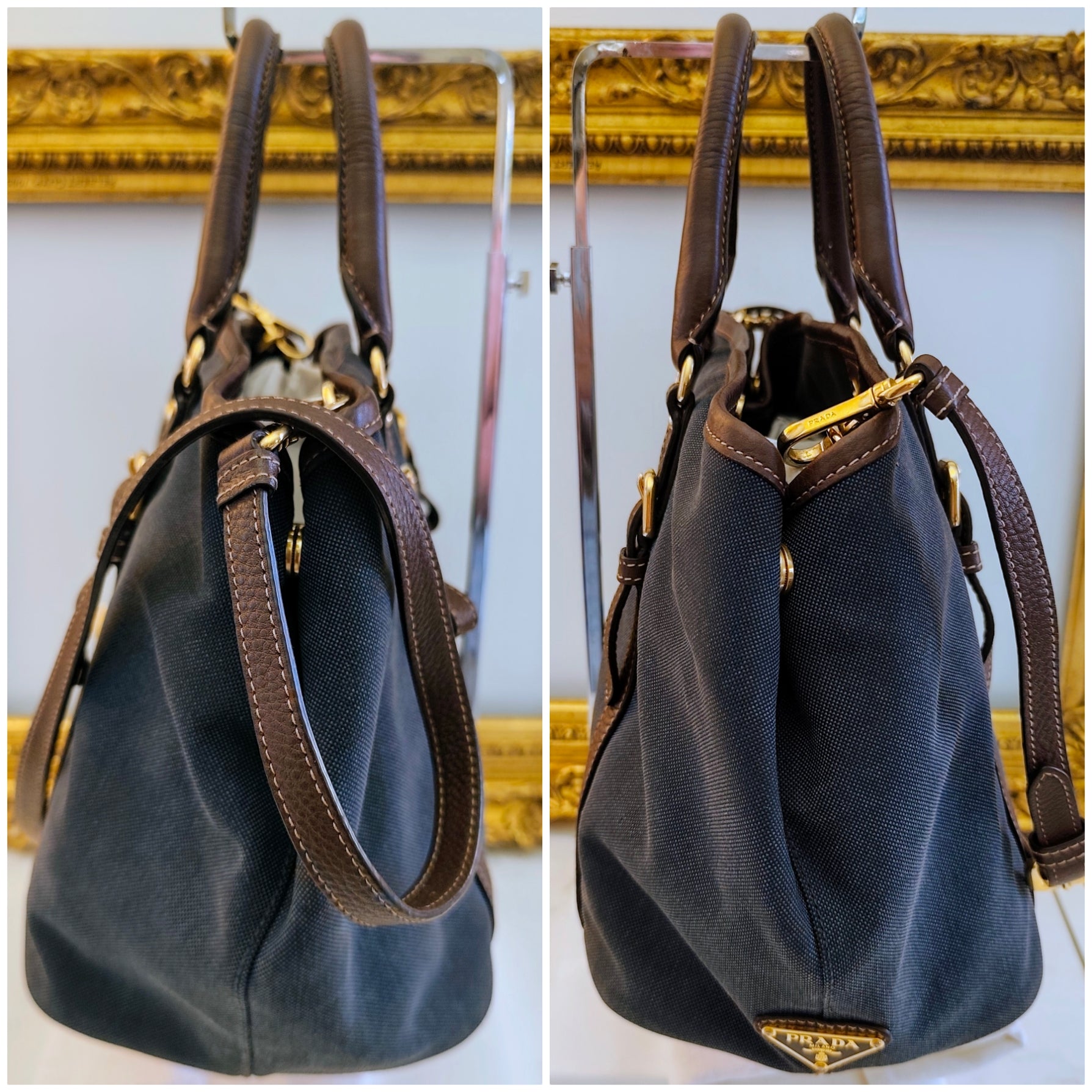 Prada – Tote Bag Media Logo Jacquard Tessuto Denim e inserti in Pelle