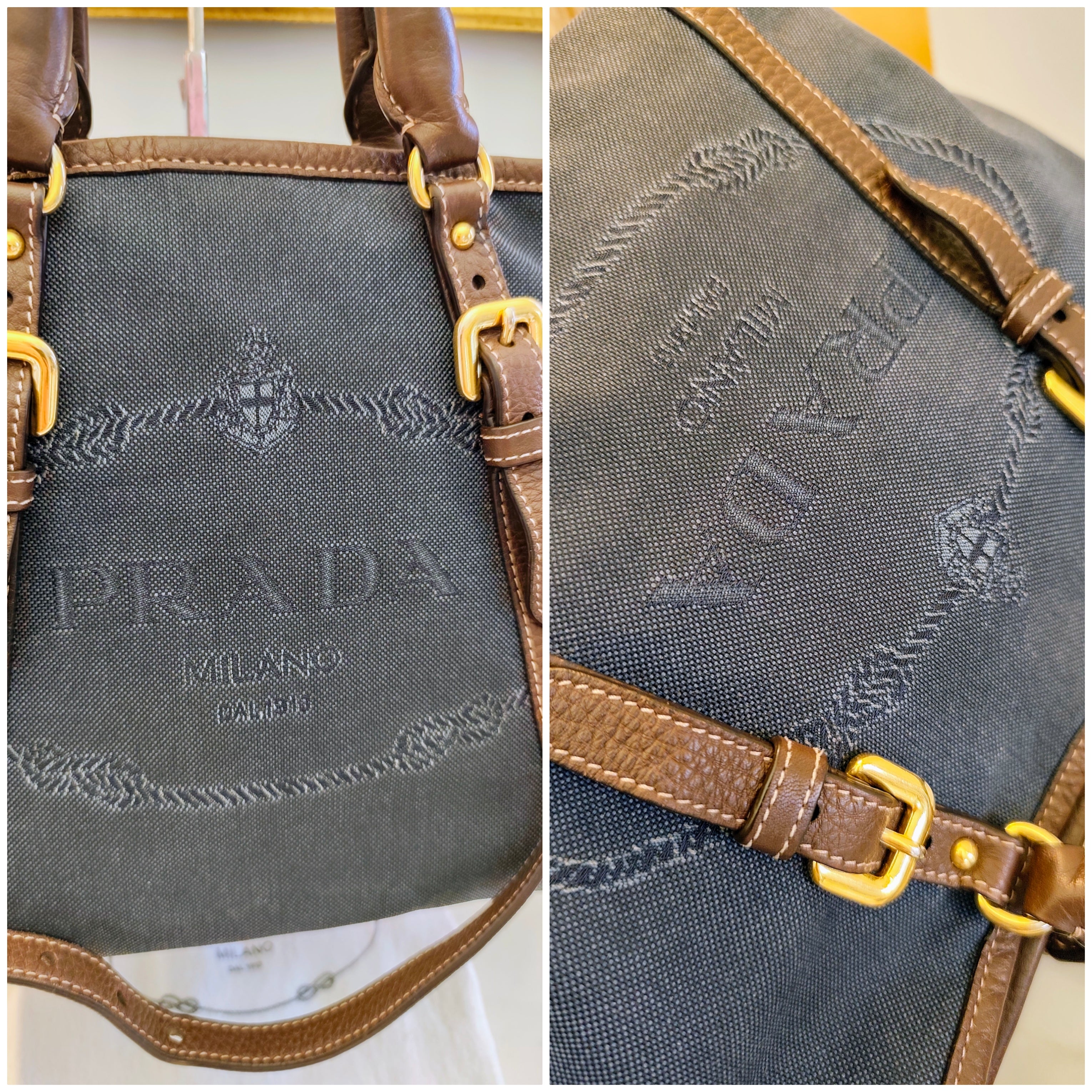 Prada – Tote Bag Media Logo Jacquard Tessuto Denim e inserti in Pelle