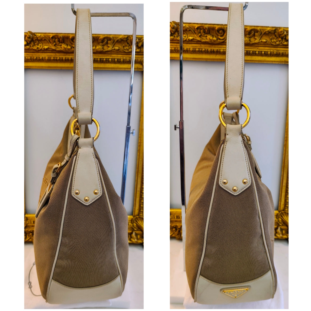 Prada – Hobo Bag Logo Jacquard in Tessuto Beige e Pelle Avorio