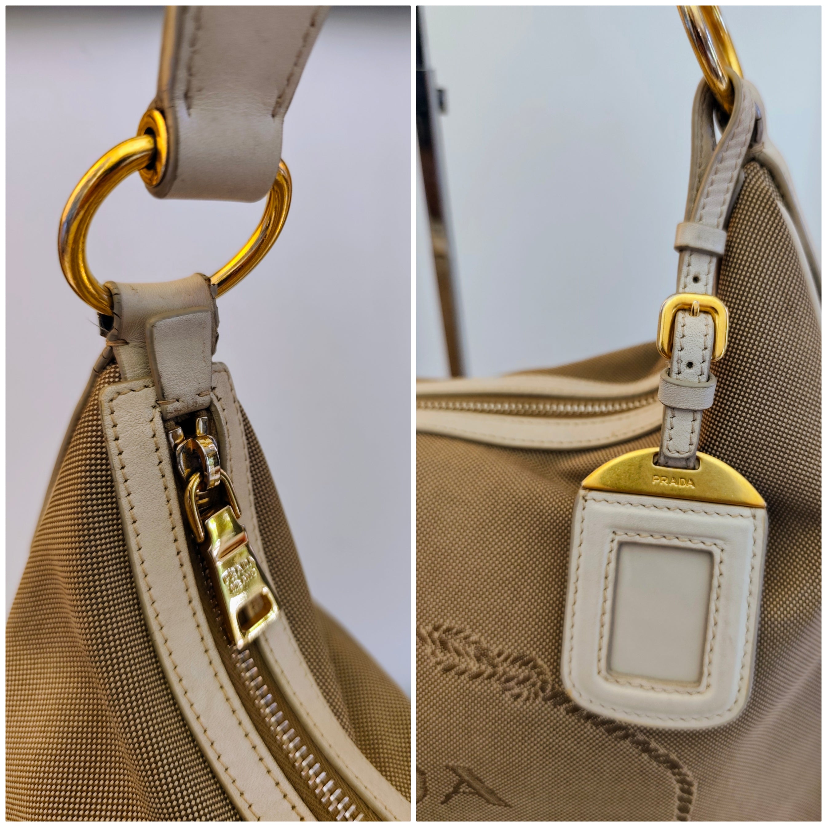 Prada – Hobo Bag Logo Jacquard in Tessuto Beige e Pelle Avorio