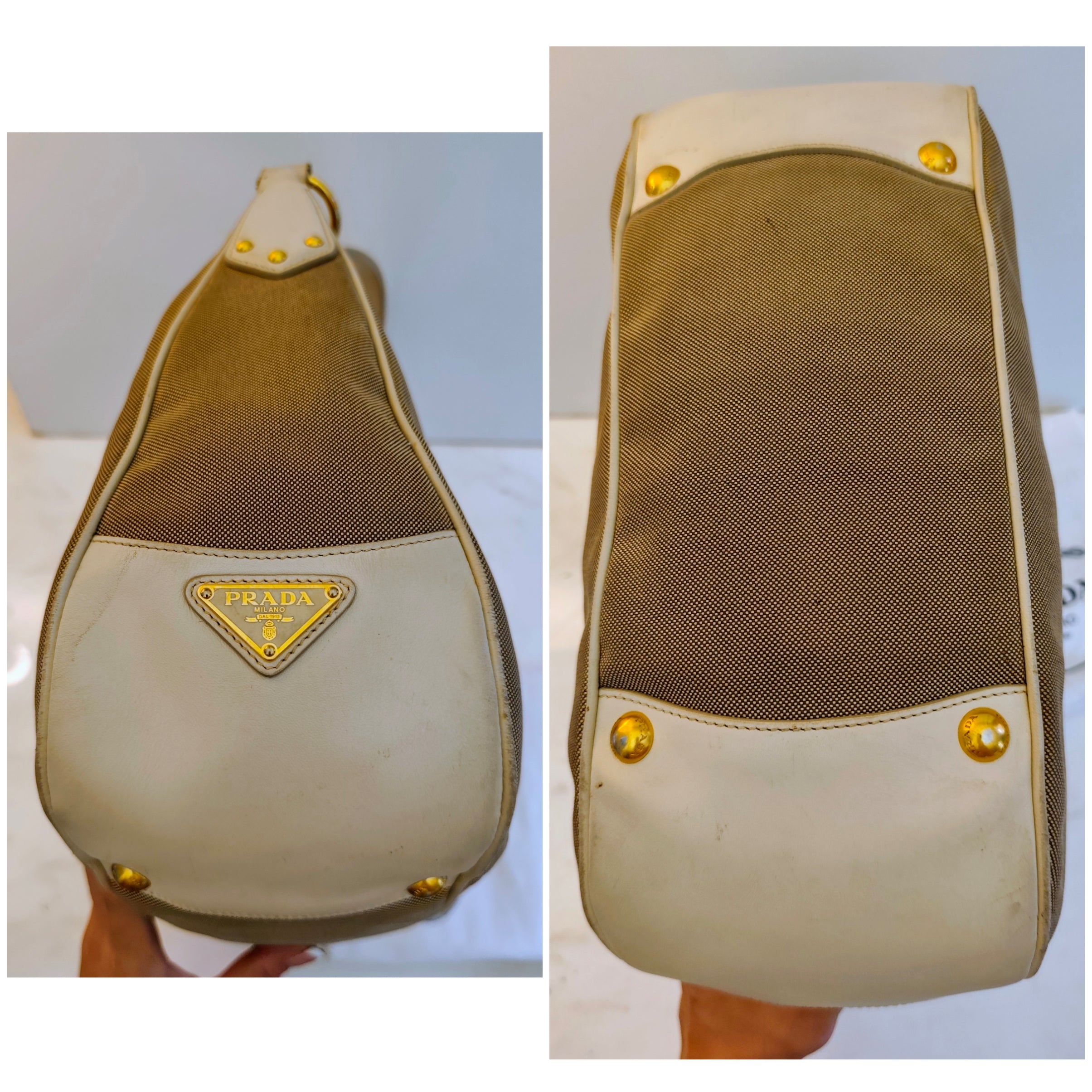 Prada – Hobo Bag Logo Jacquard in Tessuto Beige e Pelle Avorio