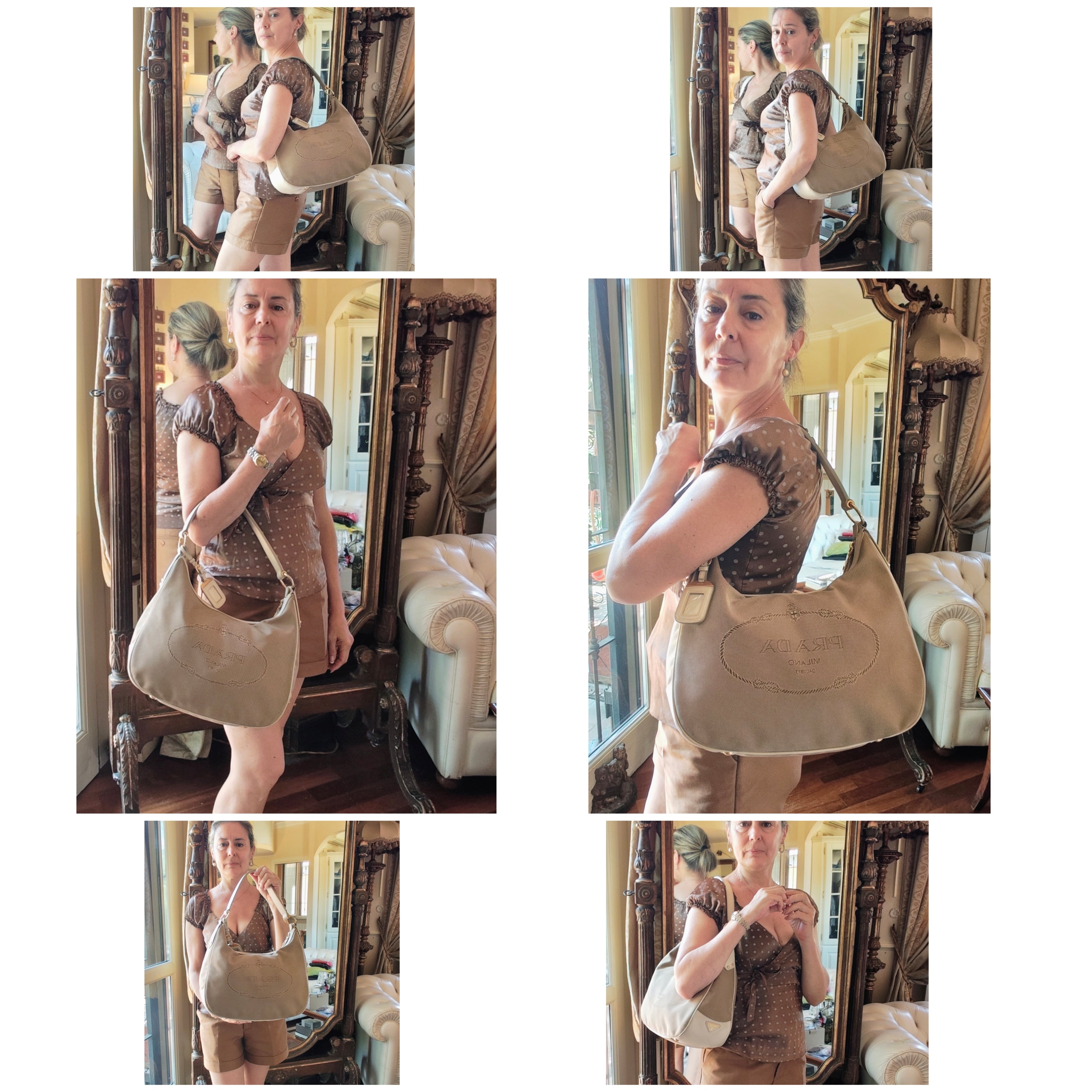 Prada – Hobo Bag Logo Jacquard in Tessuto Beige e Pelle Avorio