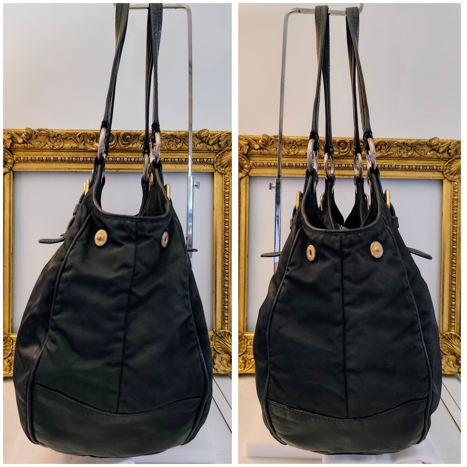 Prada - Borsa Hobo Shopper Re-Nylon Nero e Pelle Espandibile