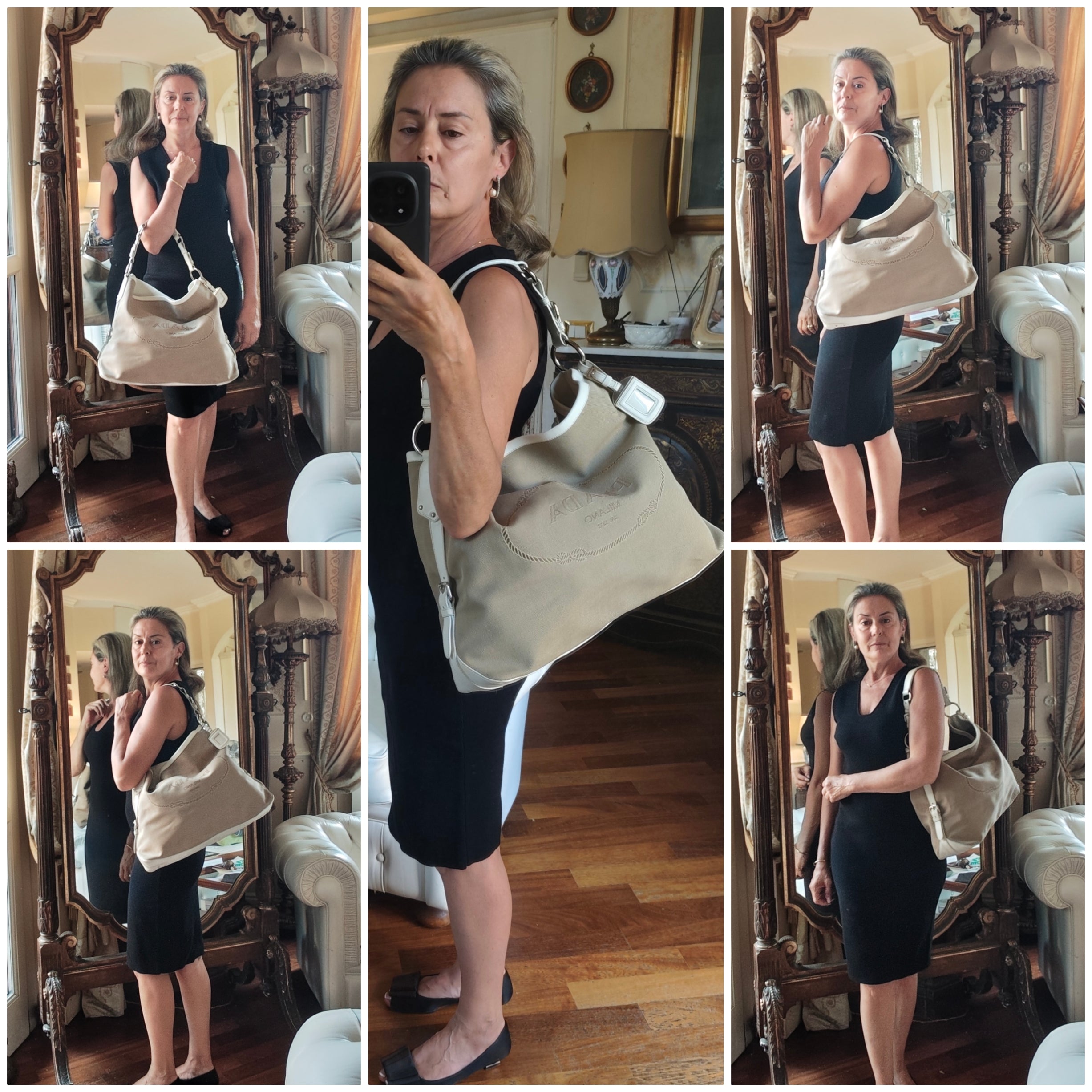 Prada – Borsa Hobo Shopper Logo Jacquard Tessuto Beige e Pelle Bianca