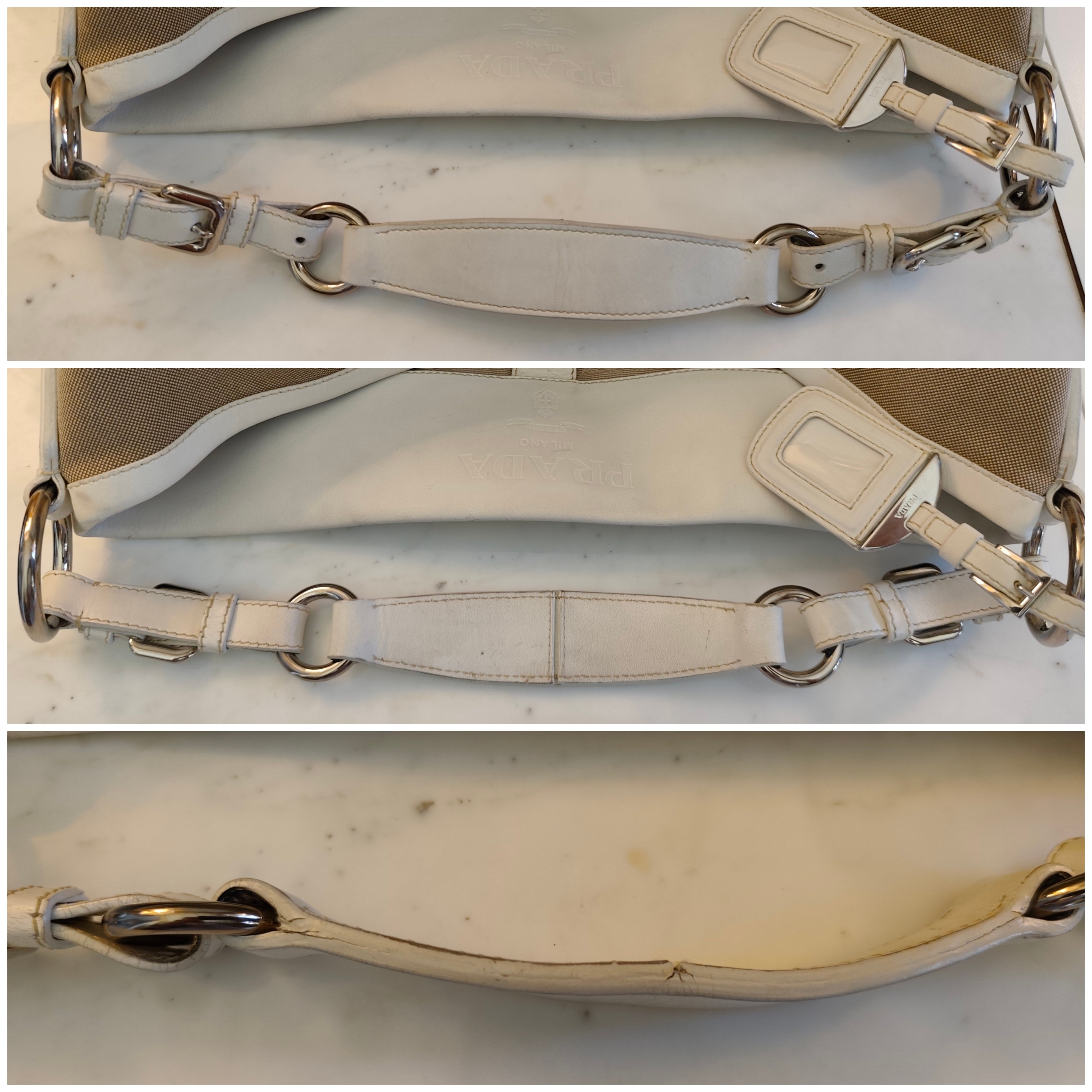 Prada – Borsa Hobo Shopper Logo Jacquard Tessuto Beige e Pelle Bianca